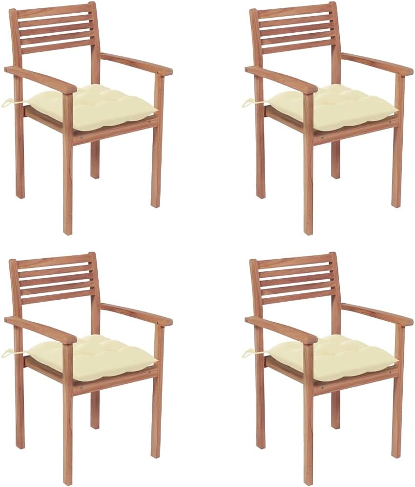 Patio Chairs 4 pcs with Cream White Cushions Solid Teak Wood Outdoor Furniture, Outdoor Chairs