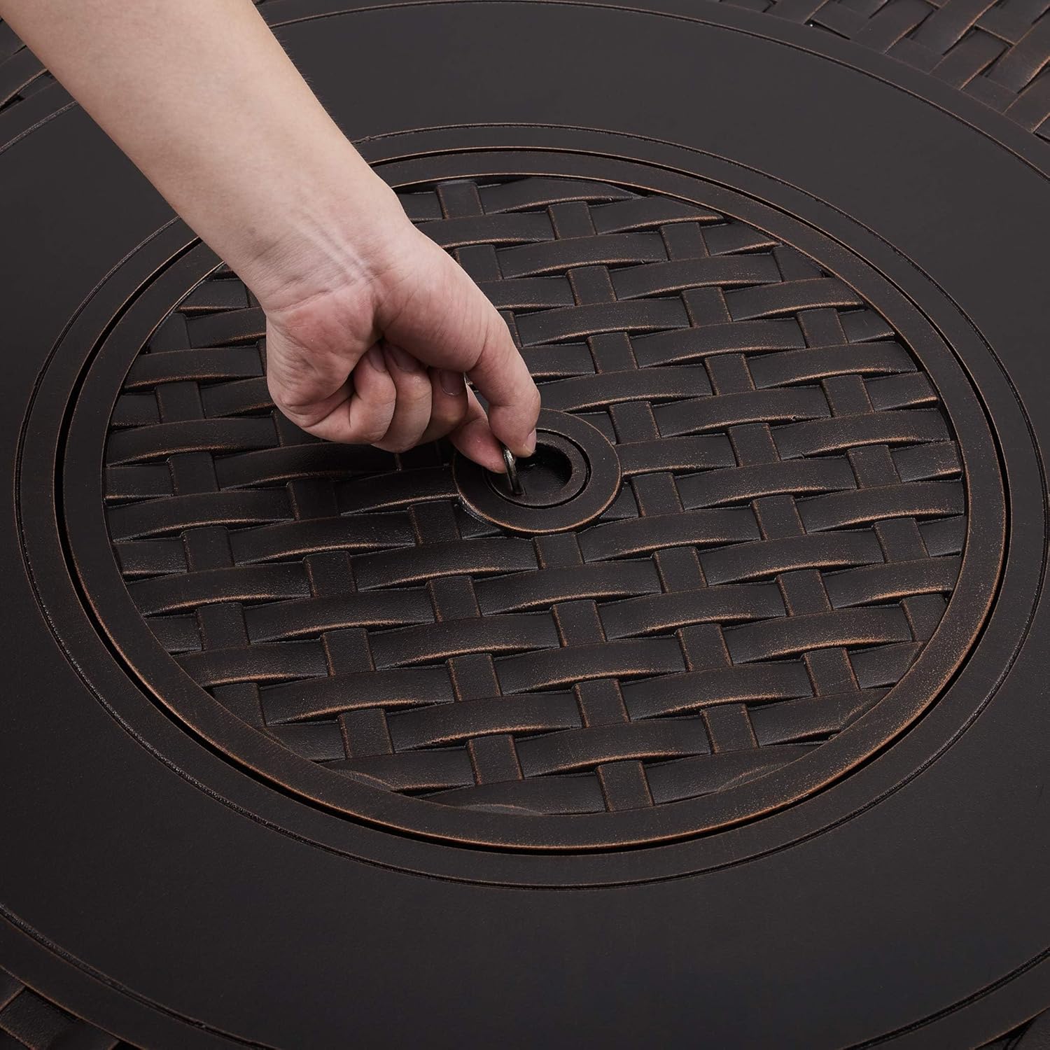 Hendricks Woven Aluminum Convertible Gas Fire Pit Table 37,000 BTU Multi-Functional Outdoor with Fire Bowl Lid, Nylon Weather Cover & Clear Fire Glass - Bronze Finish - Round - 34