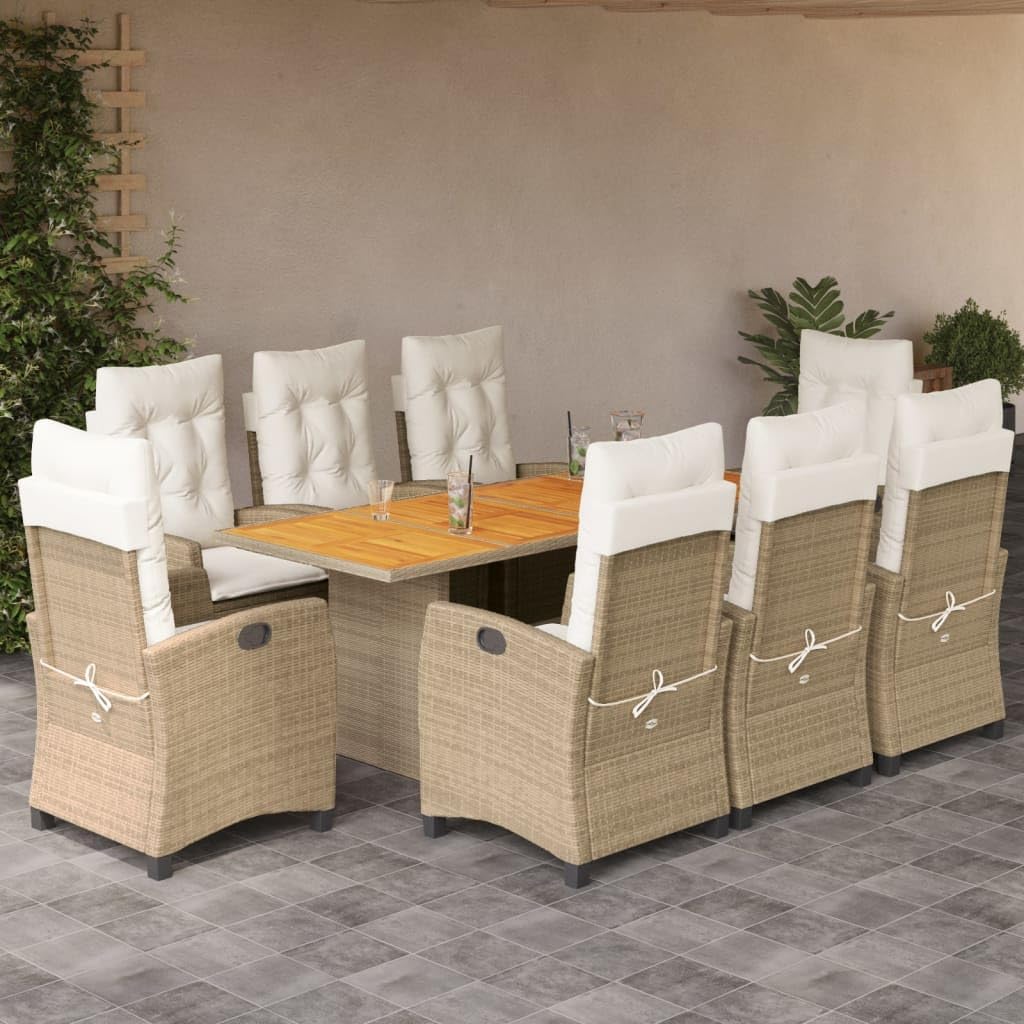 9 Piece Patio Dining Set with Cushions Beige Poly Rattan,Outdoor Garden Dining Set with Adjustable Backrest, PE Rattan and Acacia Wood Furniture Sets for Patio, Lawn & Garden