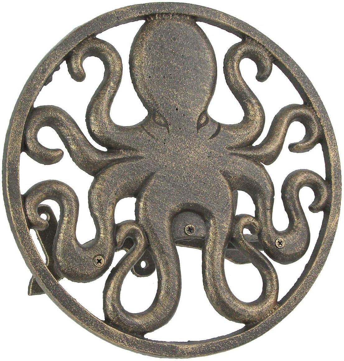 Cast Iron 12 inch Octopus Decorative Wall Mounted Hanging Garden Hose Hanger Bronze Finish - 125 ft Hose Holder Capacity - Nautical Sea Life Outdoor Décor