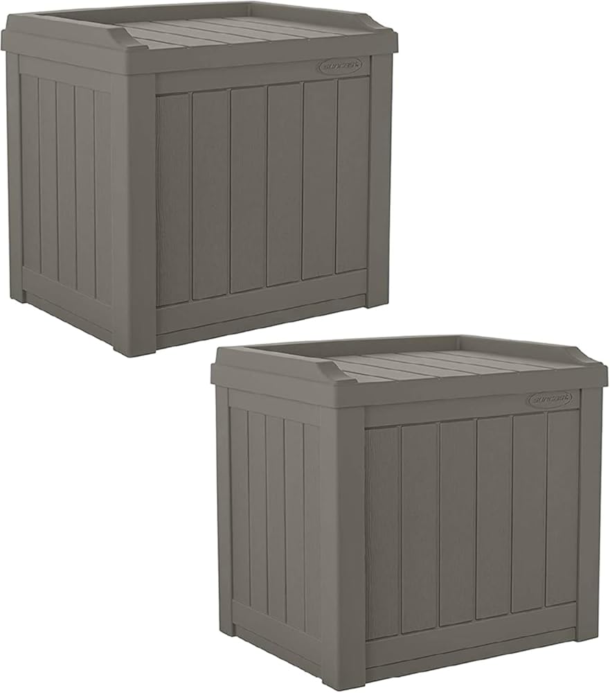 Suncast 2 Pack 22 Gallon Indoor or Outdoor Backyard Patio Small Storage Deck Box with Attractive Bench Seat and Reinforced Lid, Stone Gray