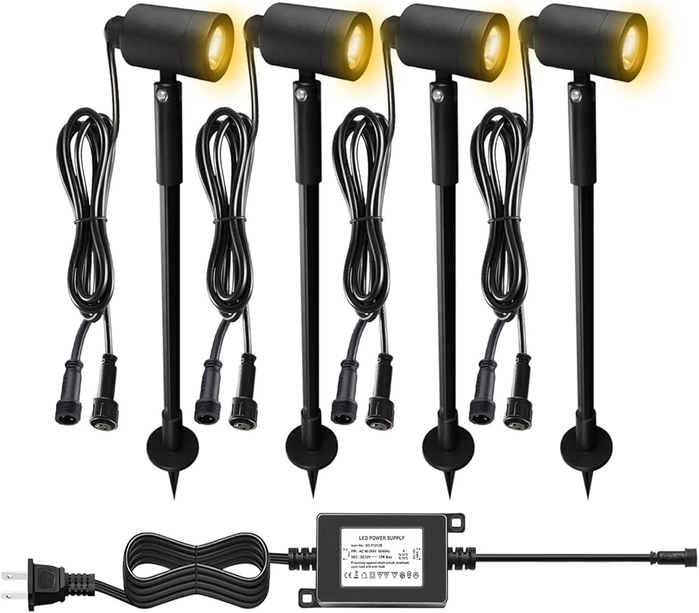 3W Landscape Spotlight,AC/DC 12V Low Voltage Retractable Height IP65 Waterproof LED Outdoor Lighting for Yard Garden Flag Pool Patio Driveway Walkway Garden Decoration (4 Pack, Warm White)