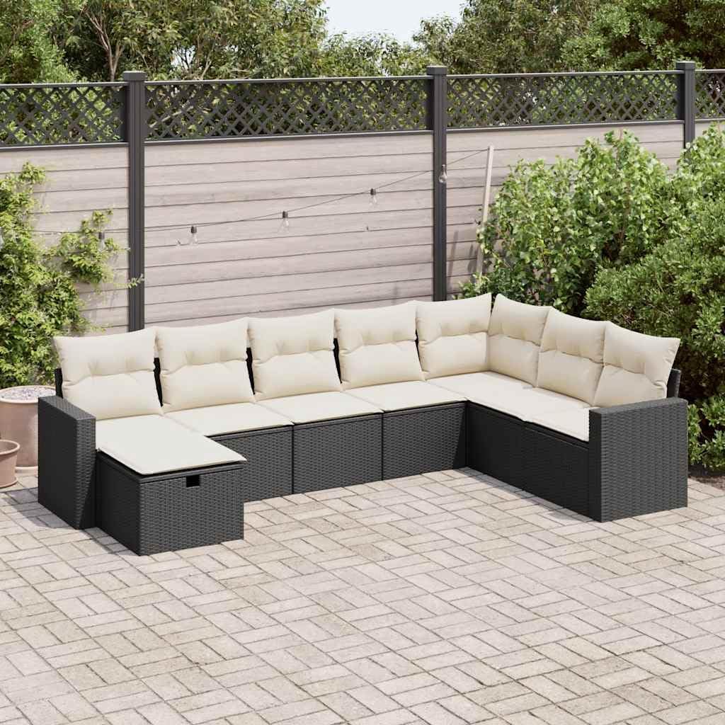 Large Modular Garden Sofa Set Black, Cream White PE Rattan, Outdoor Patio Furniture for Balcony, 8-Piece Weather-Resistant Seating