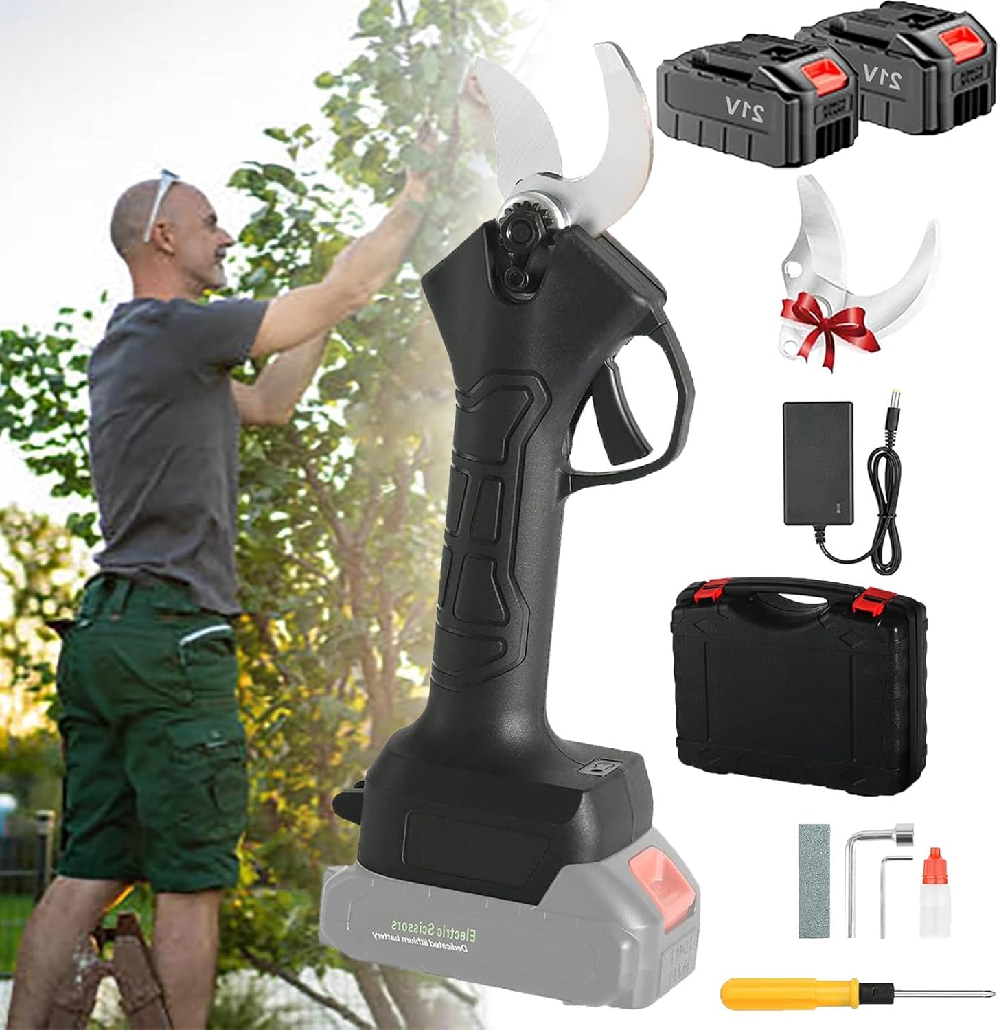 Electric Pruning Shears, Cordless Electric Pruning Battery Powered, Cordless Power Pruner for Gardening with 2Pcs 1500mAh Rechargeable Batteries, Tree Pruner Branch Cutter,Incision 2.5-3.5cm-110V