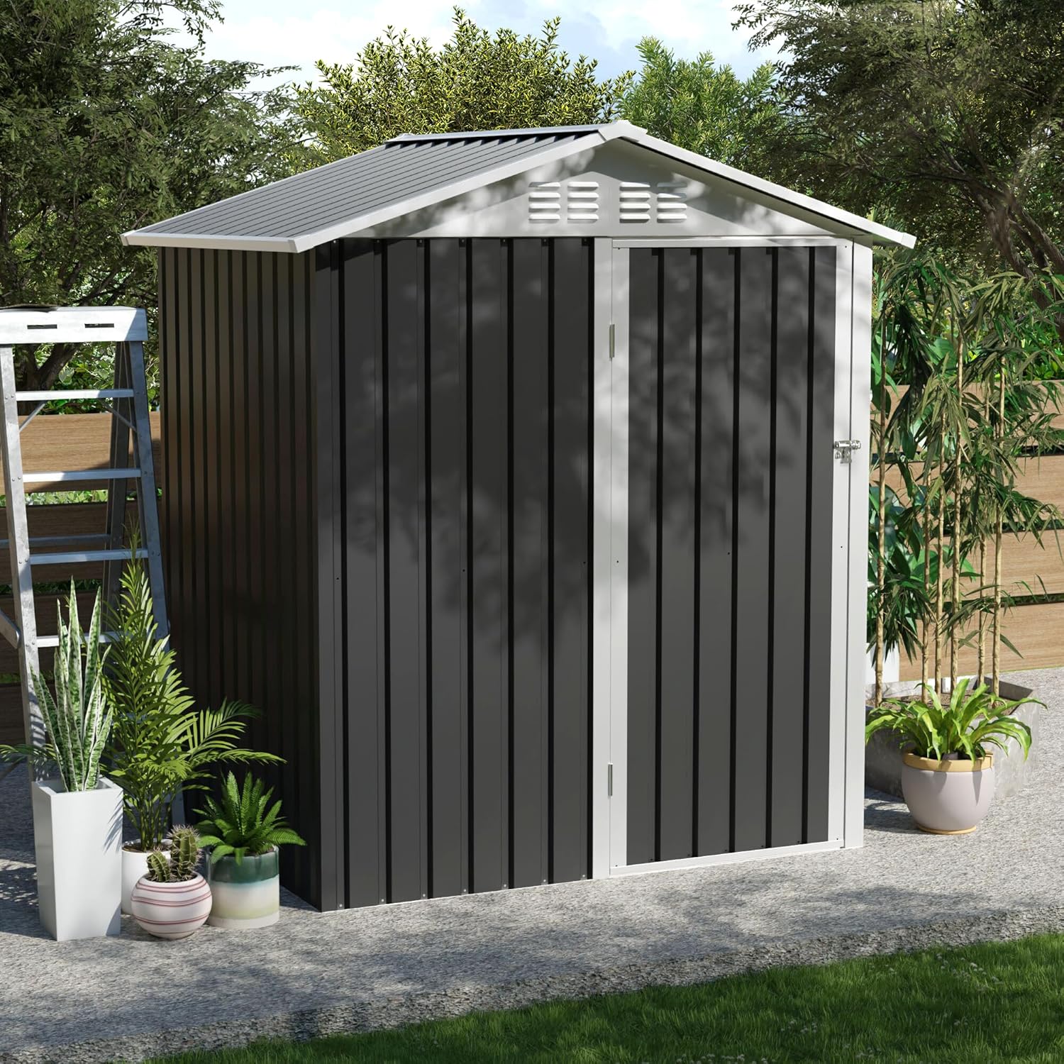 5.4x4.27 FT Outdoor Storage Shed, Metal Garden Tool Shed with Sloping Roof and Lockable Doors for Backyard Garden Patio Lawn, Grey