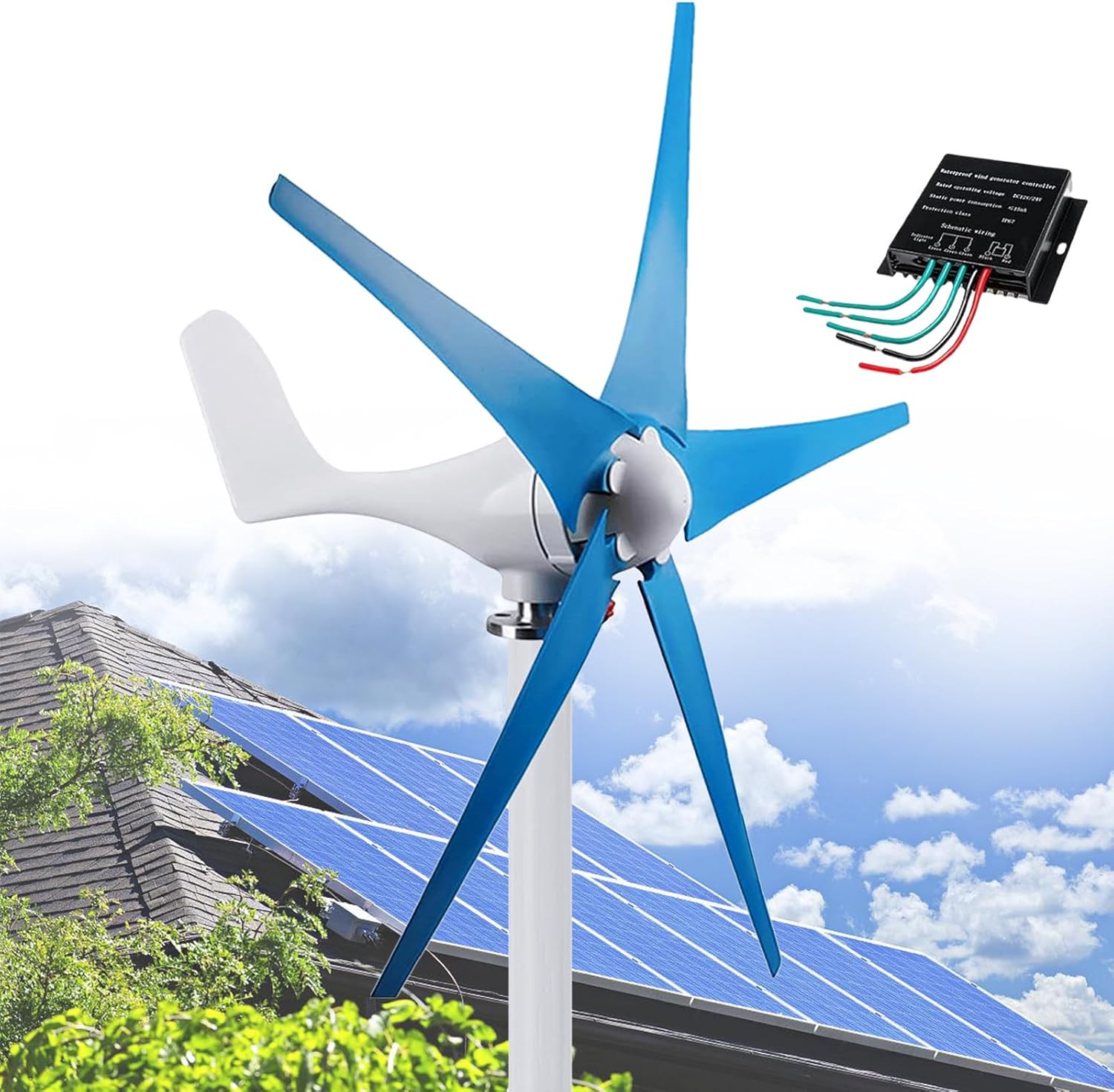 12000W Wind Turbine Generator Kit - 12V/24V/48V DC, 5-Blade Auto Windward Adjustment, 3 Phase AC Permanent Magnet with Controller, Efficient Renewable Energy Solution