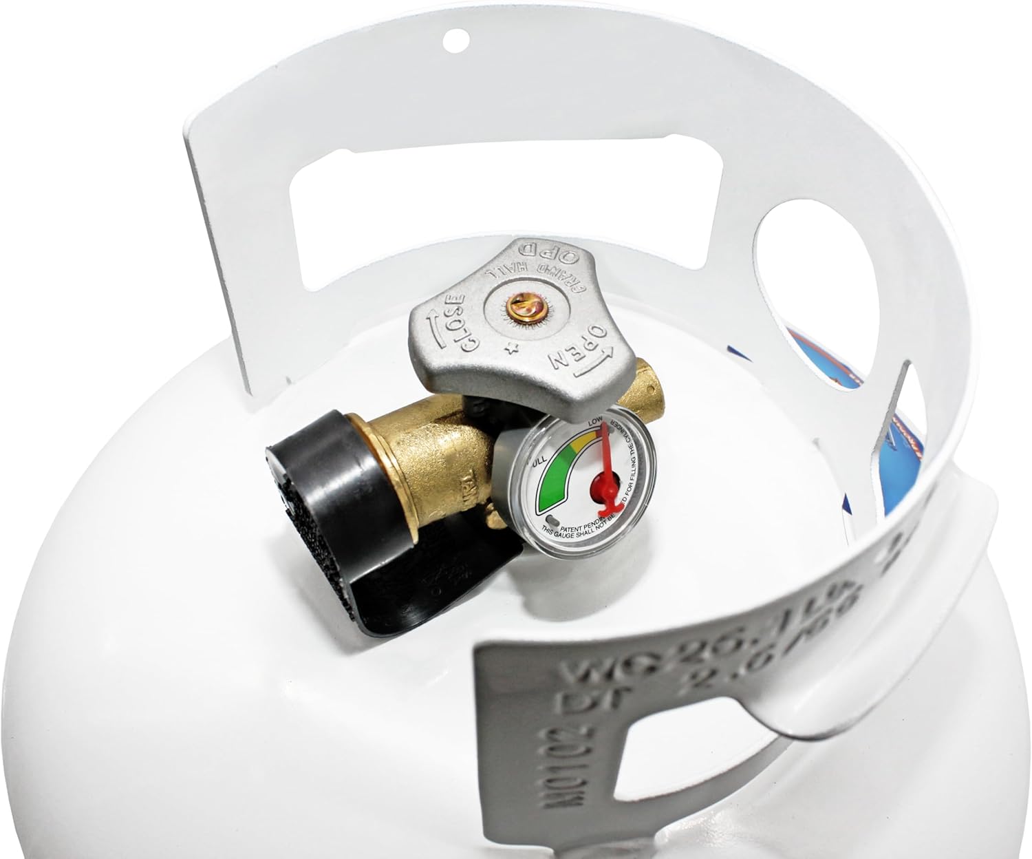 Flame King YSN11SQTa 11LB Propane Tank Cylinder Squatty with Dust Cap, Type 1 OPD Valve & Built-in Gauge, White