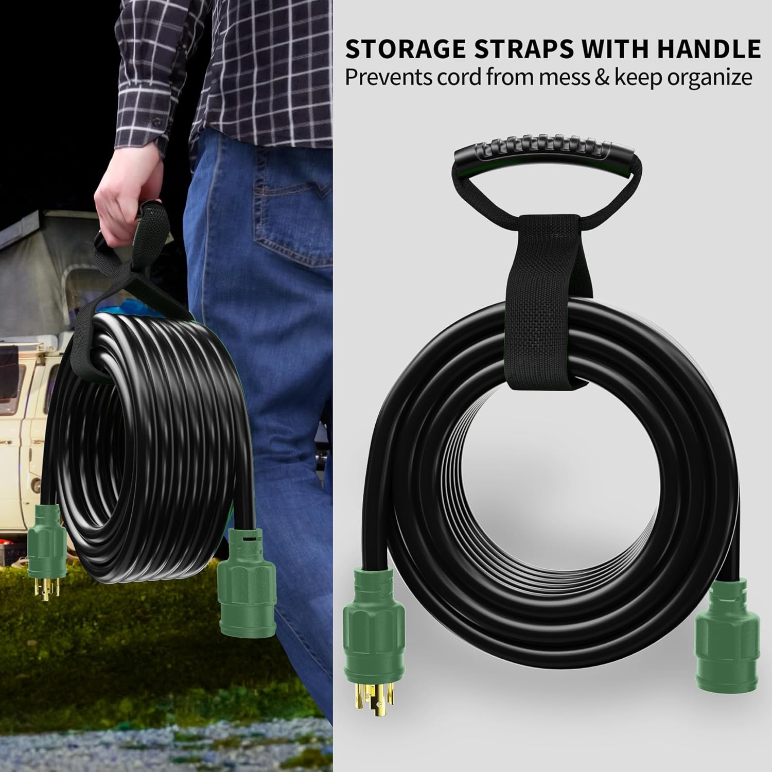 POWGRN 50 FT 30 Amp Generator Extension Cord 4 Prong, Heavy Duty NEMA L14-30P to NEMA L14-30R, 125/250V 7500W, Green 10 Gauge STW Twist Locking House Power Cord, 50 Feet Generator Cable