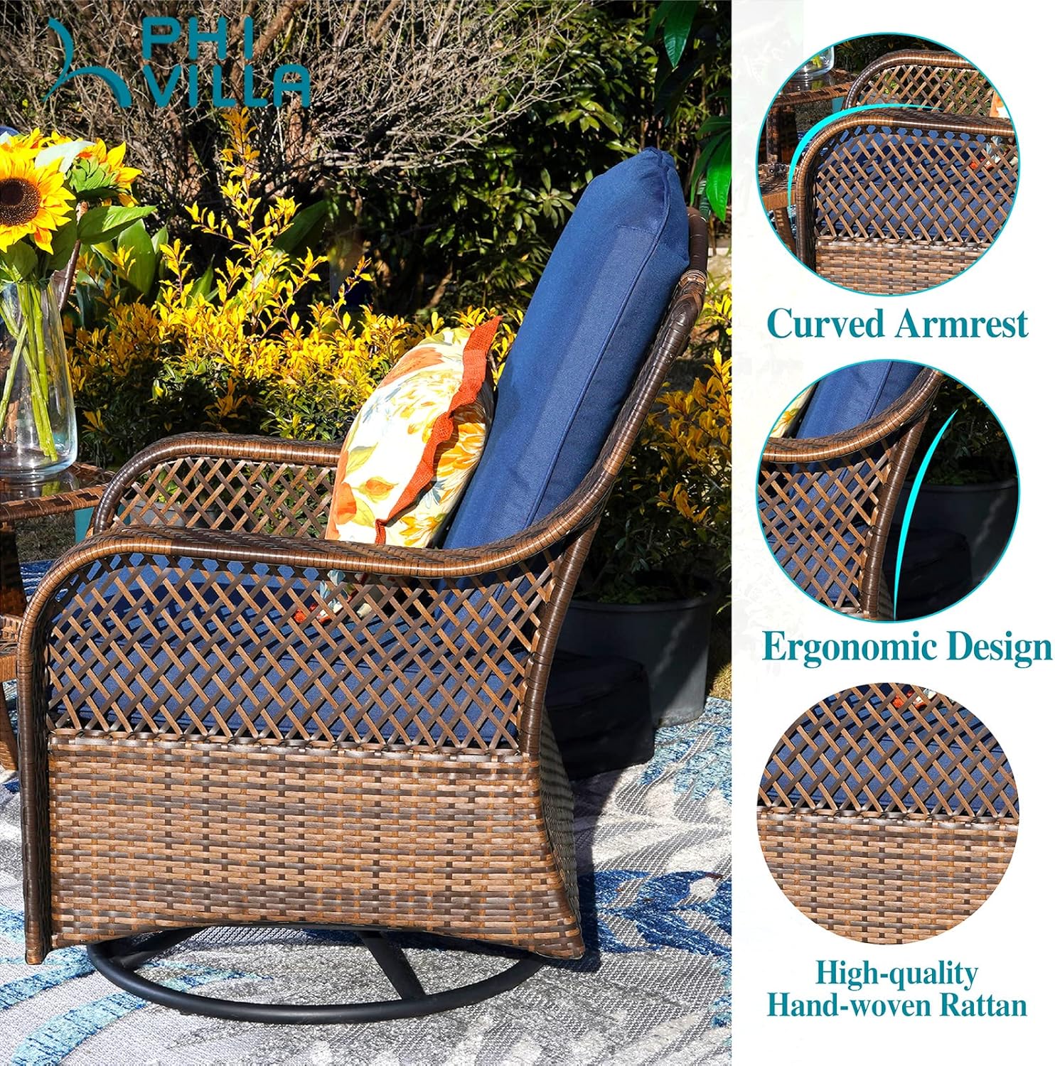 PHI VILLA 4 Piece Outdoor Swivel Rocker Chairs Patio Furniture Set with Gas Fire Pit Table Square, Wicker Patio Conversation Fire Pit Table Set for Garden, Deck, Porch, Backyard (Navy Blue)