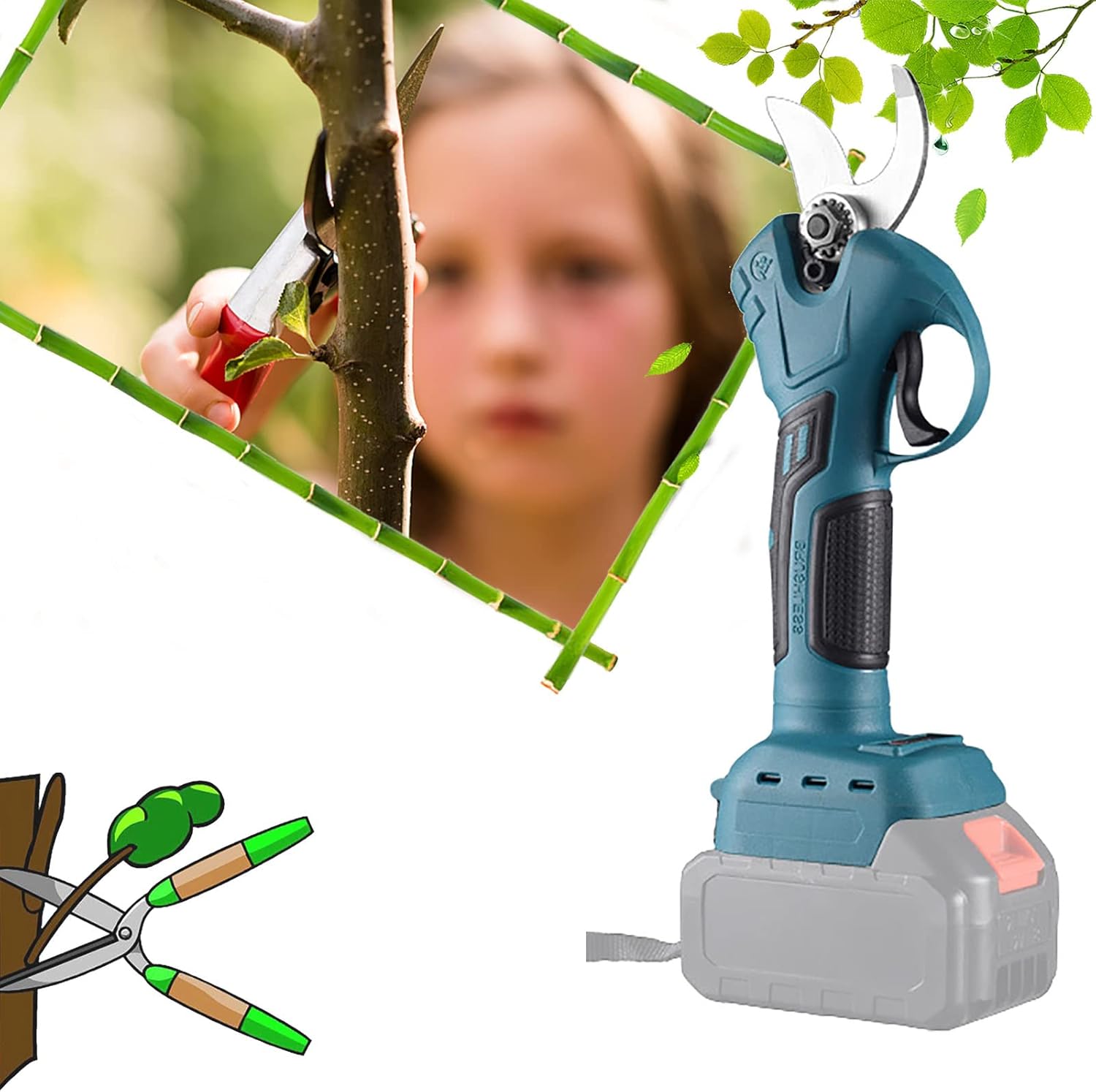 Electric Cordless Pruning Shears Electric Garden Shears Electric Scissors, 4 Gear Garden Fruit Tree Pruning Power Tool Branch Cutter, Secateurs 0~30mm for Garden/Patio Set1 blue2