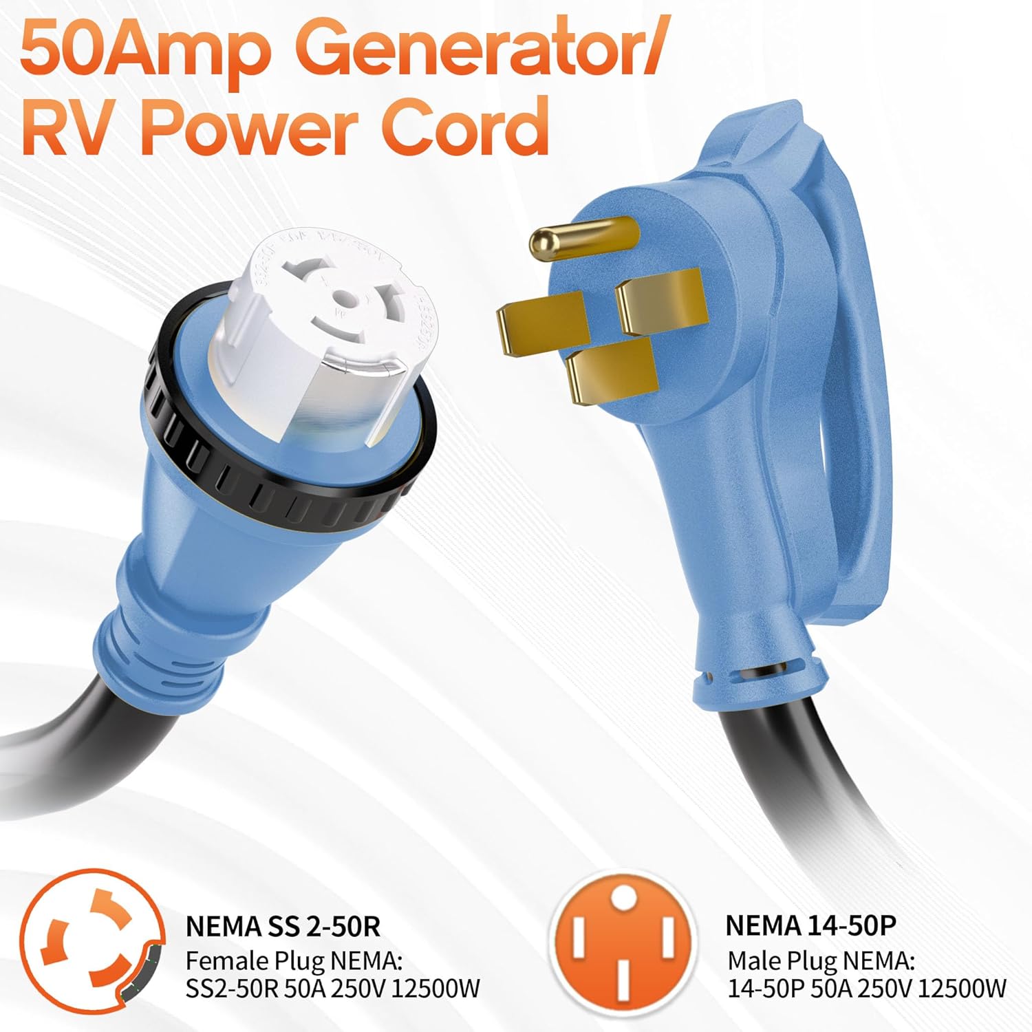 50FT 50 Amp Generator Cord, NEMA 14-50P/SS2-50R Heavy-Duty 4 Conductors Cable, Pure Copper STW RV Extension Cord, Female Plug with Twist Lock, Suitable for RV or Camper, ETL Listed