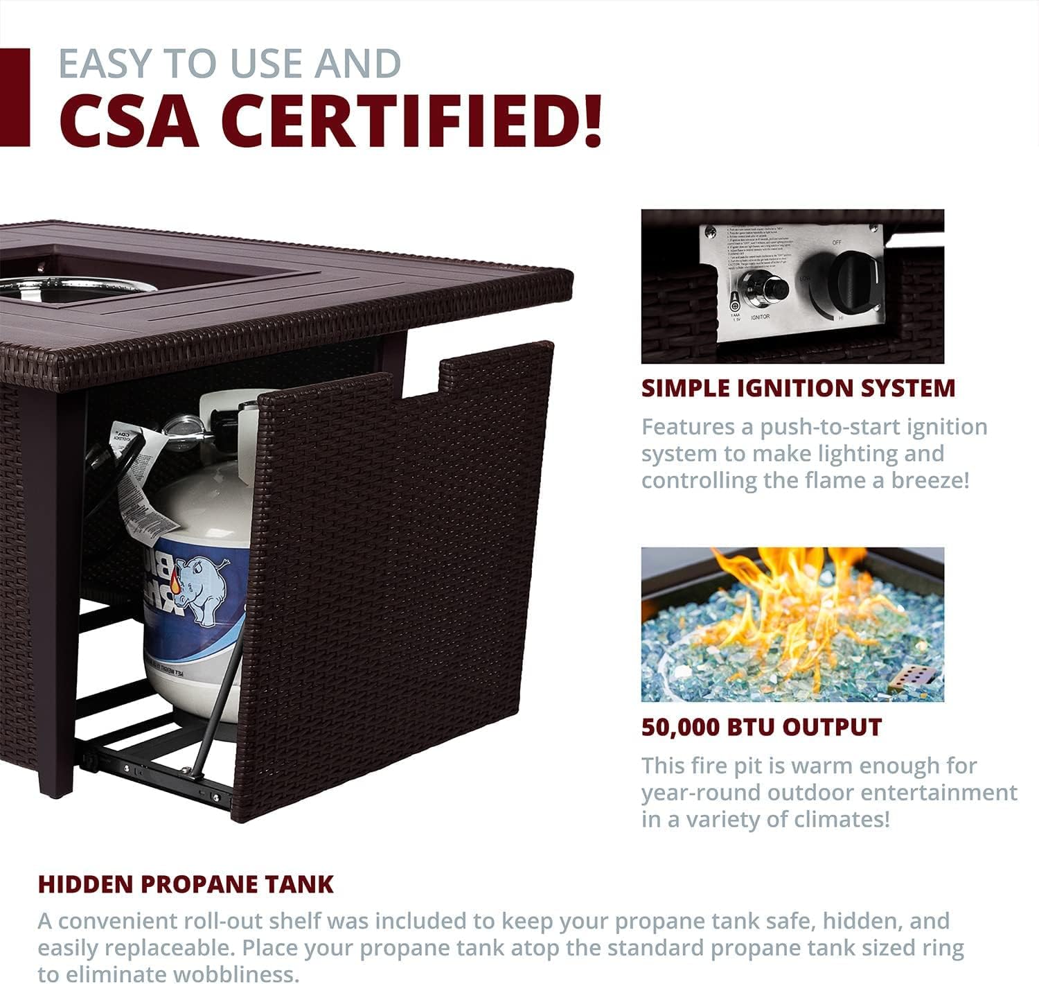 42 Inch Fire Pit Table, 50,000 BTU Outdoor Square Gas Fire Pit Table for Patio Garden Backyard,CSA Certification, with Lid, Glass Wind Guard, Waterproof Cover (Brown)