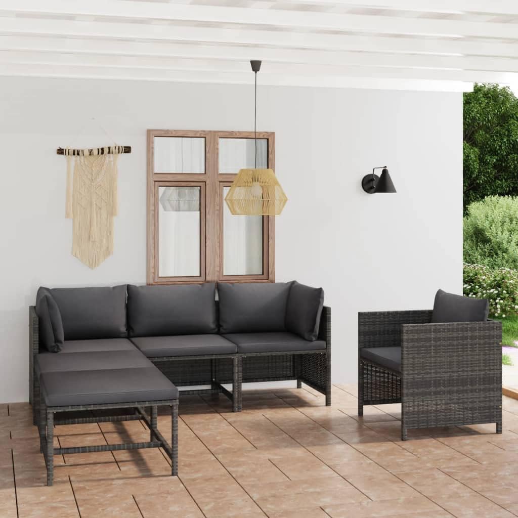 Furniture Sets 6 Piece Patio Lounge Set with Cushions Poly Rattan Gray,Modular Outdoor Rattan Patio Lounge Set for Relaxation and Comfort Garden Conversation Sets