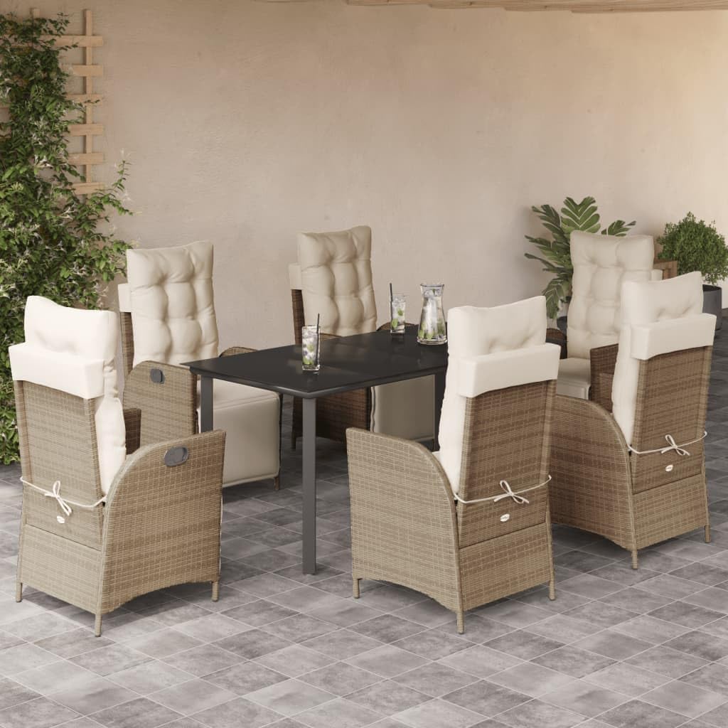 7 Piece Patio Dining Set with Cushions Beige Poly Rattan,Rattan Garden Dining Set for Outdoor Living: Relax and Dine in Style Furniture Sets for Patio, Lawn & Garden