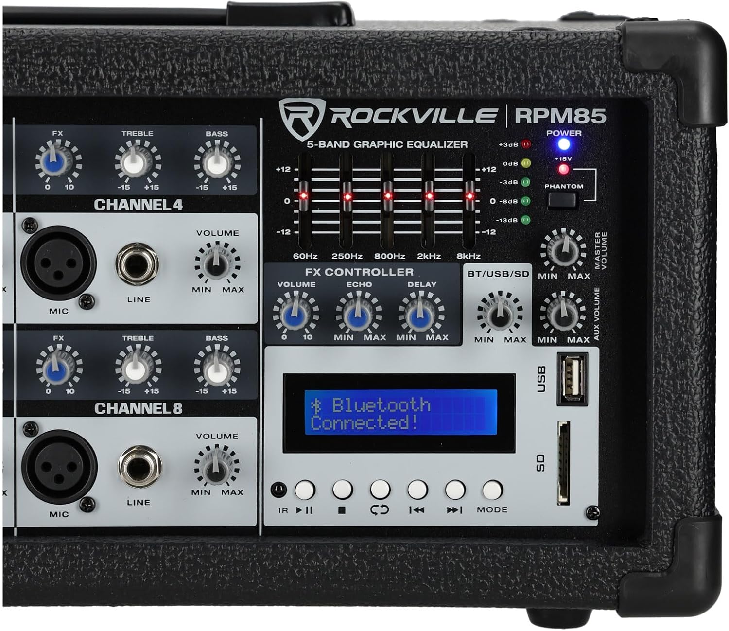 Rockville RPM85 2400W Powered 8 Channel Mixer, Bluetooth, USB/SD, 5 Band EQ, Adjustable Echo/Delay, +15V Phantom Power, for Live Music and Events