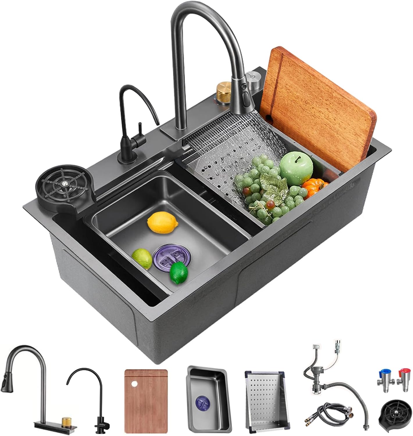 Multifunctional waterfall kitchen sink with waterfall faucet with cup washer and other sink accessories (Modern, Black-Grey)