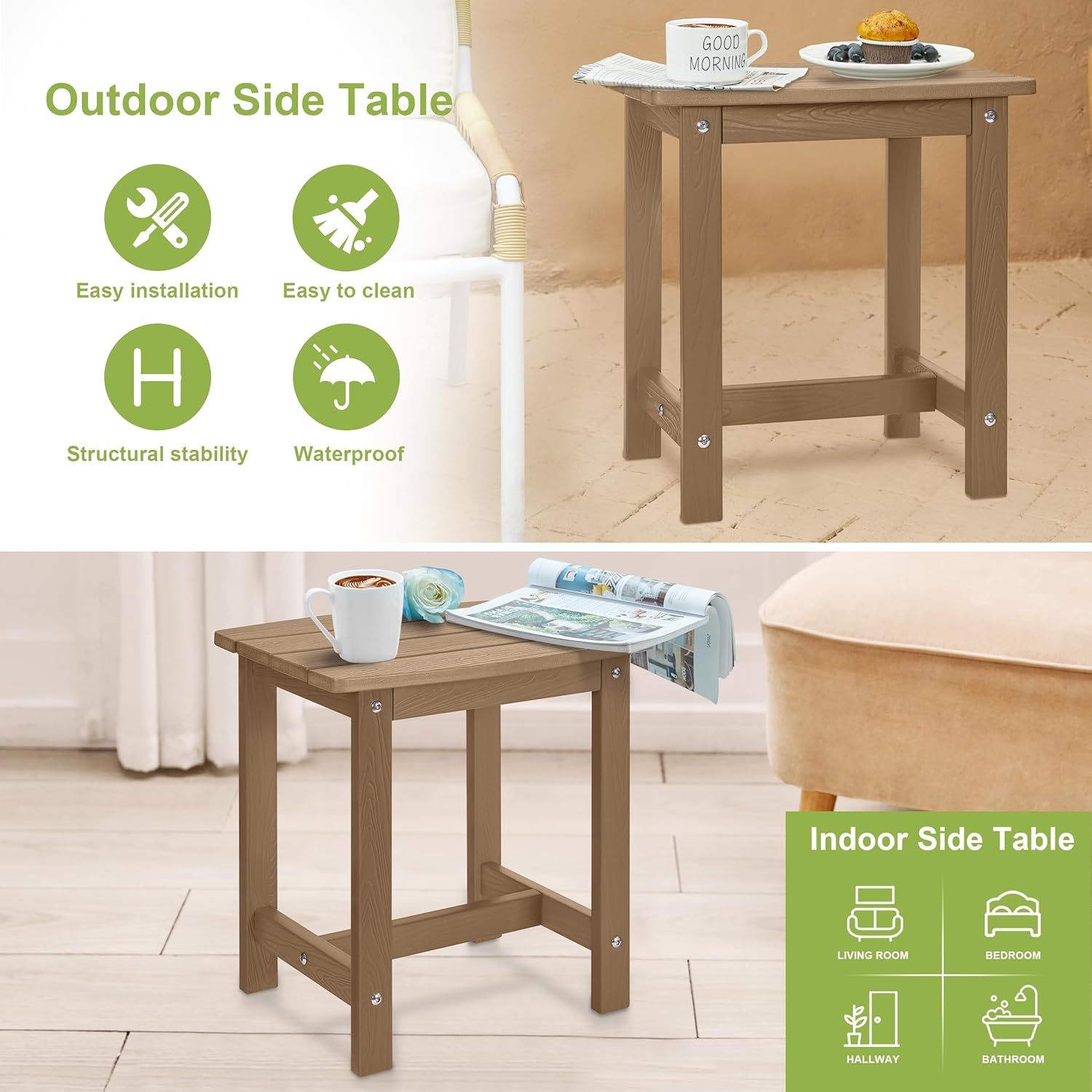 Y&M Outdoor Side Table, HIPS Adirondack Small Single Table, Waterproof Square Outside Table, Balcony Modern End Tables for Patio, Pool, Beach, Porch, Deck, Indoor or Outdoor Use (Brown, 2 Pack)