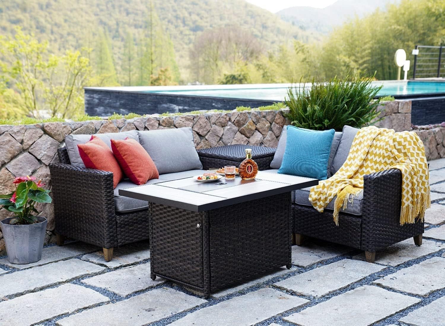 Grand patio Outdoor Propane Fire Pit Table with Cover/Lid for Patio, 43 inch 60,000 BTU,Wicker/Rectangle