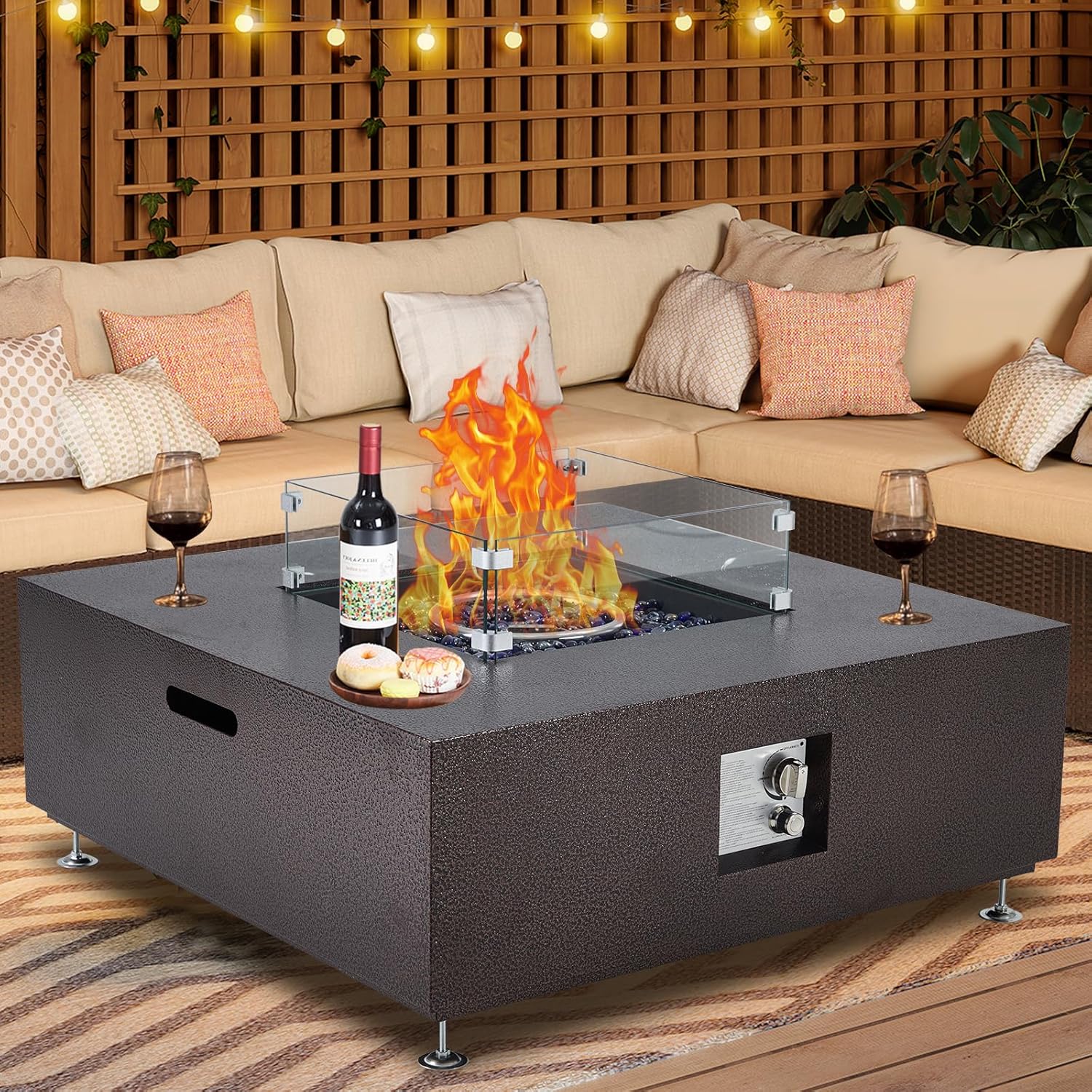 36 Inch Outdoor Propane Fire Pit Table, 50000BTU Steel Gas Firepit with Wind Guard, Add Warmth and Ambience to Parties On Outside Patio Deck Garden, CSA Safety Certified Glass Beads & Rain Cover