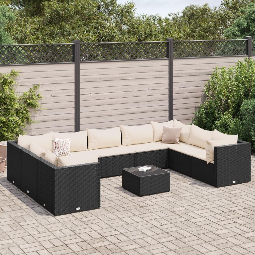 10-Piece Modular Garden Lounge Set, Black Synthetic Poly Rattan, Cream White Cushions, Outdoor Patio Furniture Seating for 9 People, Weather-Resistant Balcony Furniture