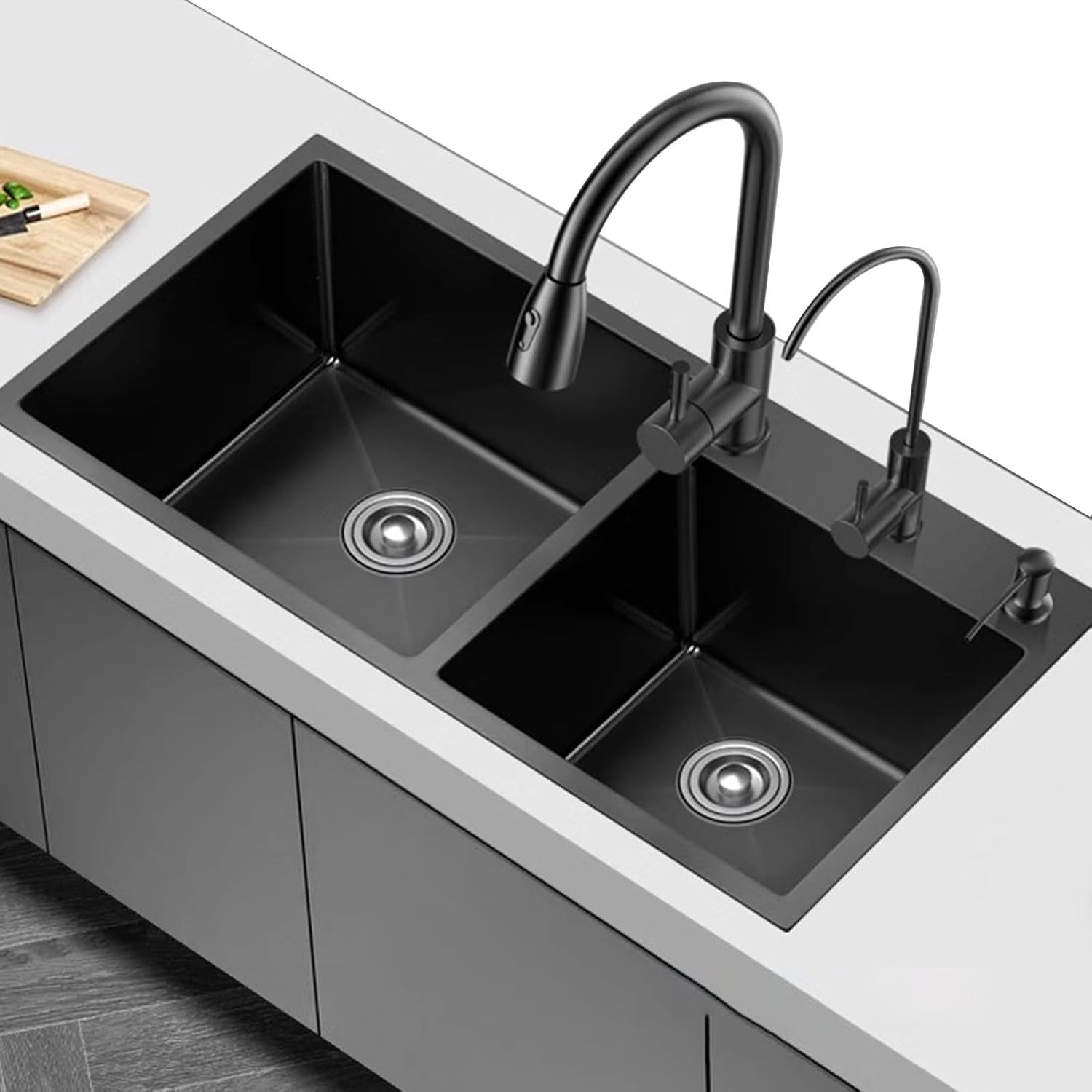 Kitchen Sink Tap,Black Kitchen Sink Double Bowl Sink Large Capacity Sink Stainless Steel Large Sink Including Faucet and Other Accessories (100x45x20cm)