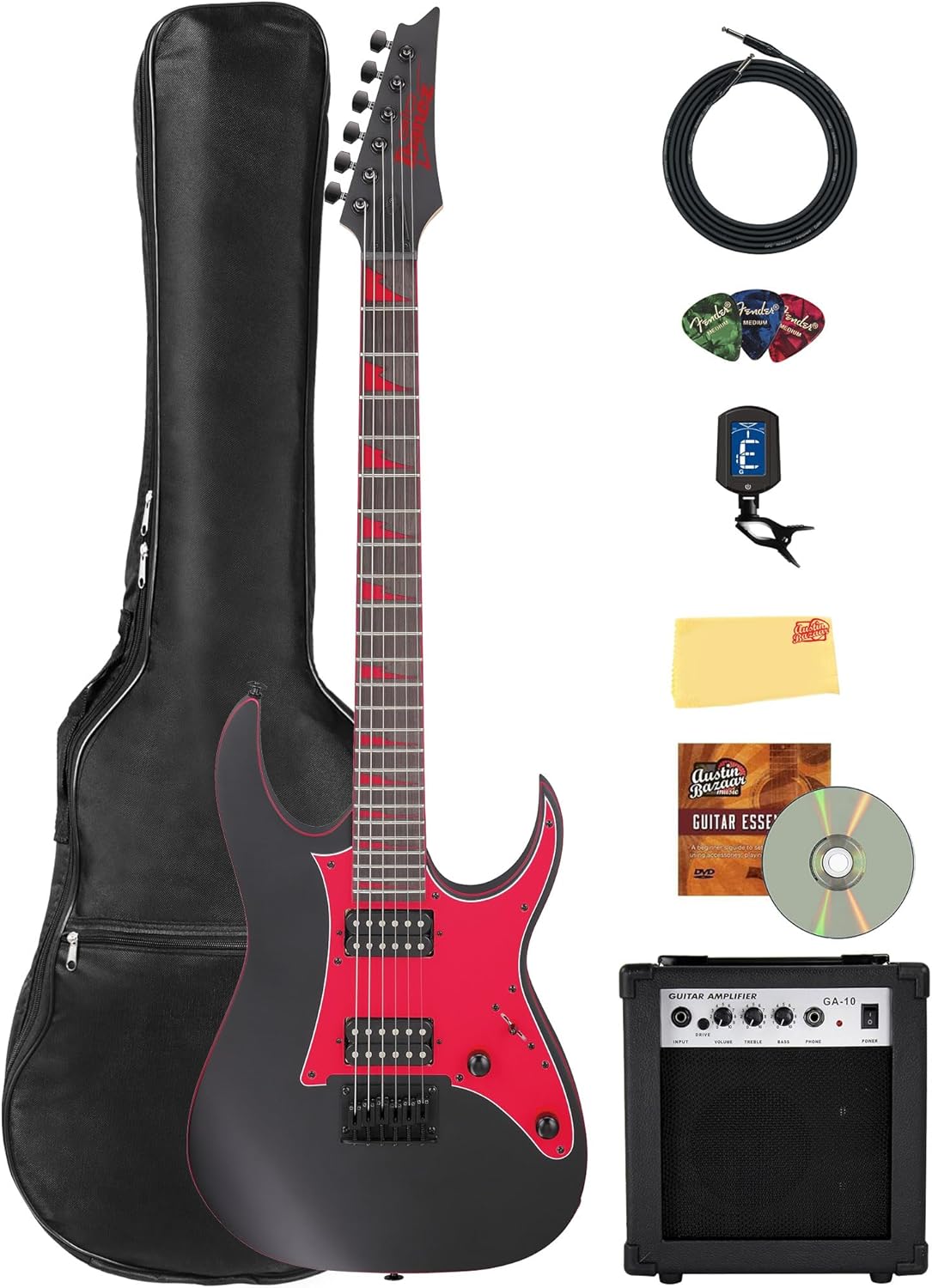 Ibanez GRG131DX RG Gio Electric Guitar - Black Flat Bundle with Amp, Gig Bag, Tuner, Instrument Cable, Picks, Austin Bazaar Instructional DVD, and Polishing Cloth