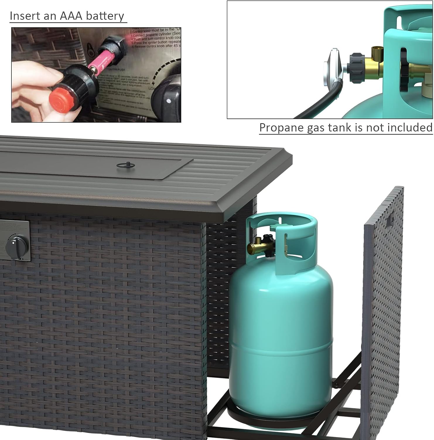 ALAULM Outdoor Propane Gas Fire Pit Table 43'',50,000 BTU with Rectangular Tabletop,Auto-Ignition,Adjustable Flame,Glass Wind Guard,Brown PE Rattan & ETL Certification