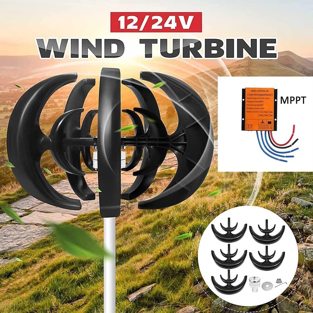 LiuSj JUnSt 12000W Black Lantern Wind Turbine Generator, Vertical Wind Turbine Generator Low Noise Low Wind Speed Start with Controller 5 Blades