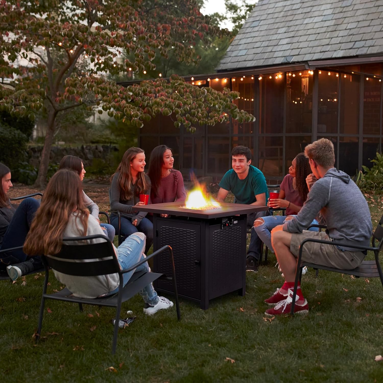 Gas FirePit Table, 28 inch 50,000 BTU Square Outdoor Propane Fire Pit Table with Lid and Volcanic Rock (Black)