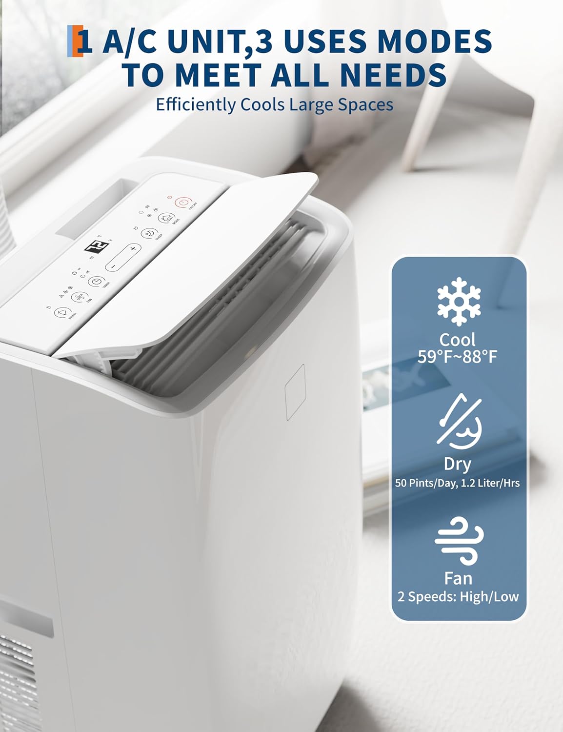 14,000 BTU Portable Air Conditioners,3 in-1 Portable AC Unit with Cools/Fan/Dehumidifier,Room Air Conditioners up to 750 sq.ft,Remote Control,24H Timer,for Room Office Garage Car