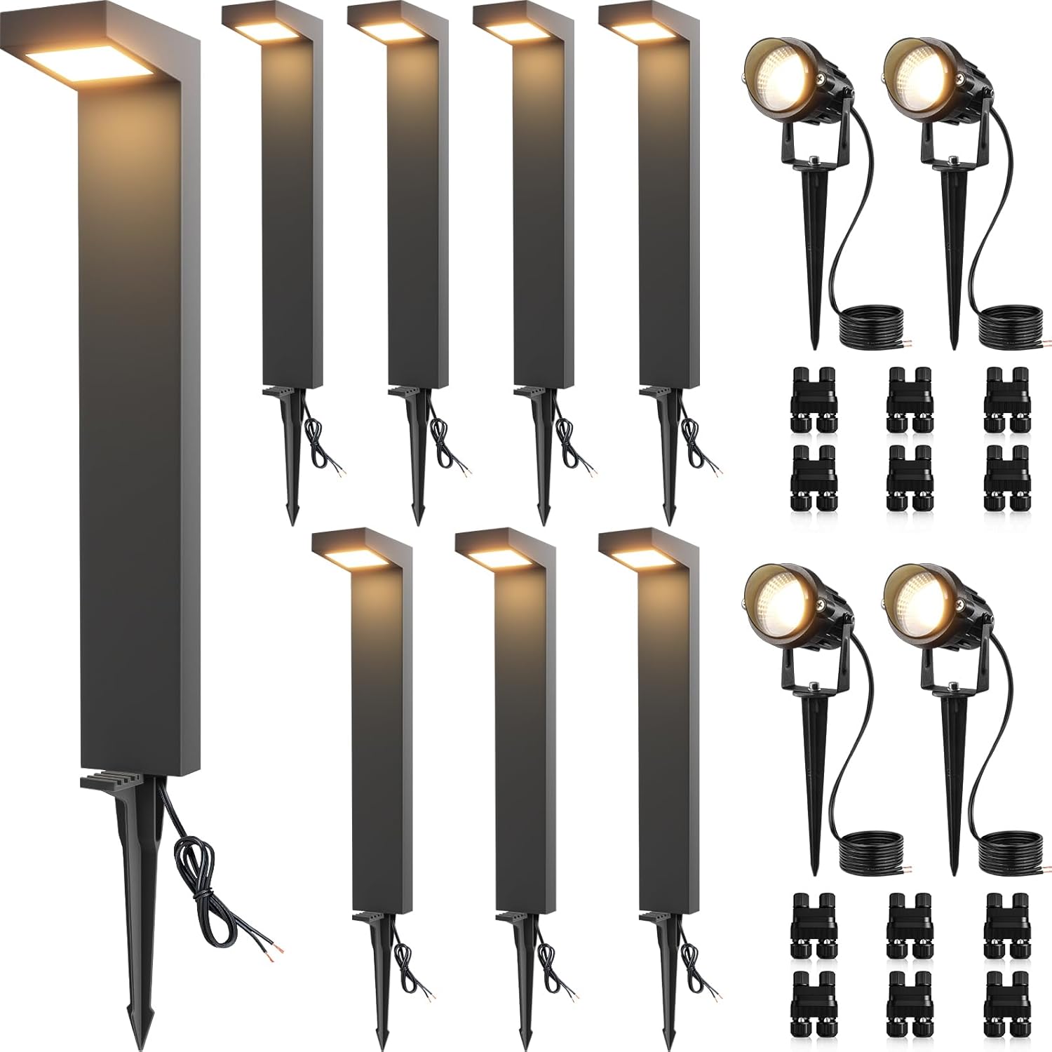 SUNVIE LED Low Voltage Landscape Lighting Kit Outdoor Waterproof Low Voltage Pathway Lights Wired with Spotlights 3000K Modern Outdoor Landscape Lights with Connectors for Path Yard Garden, 12 Pack