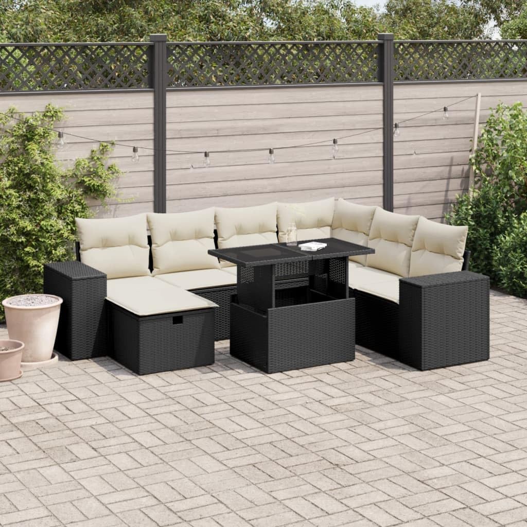 Modular 8-Piece Garden Sofa Set in Black and Cream White, Durable Poly Rattan Outdoor Furniture with Reinforced Glass and Weather-Resistant Cushions for Patio, Includes