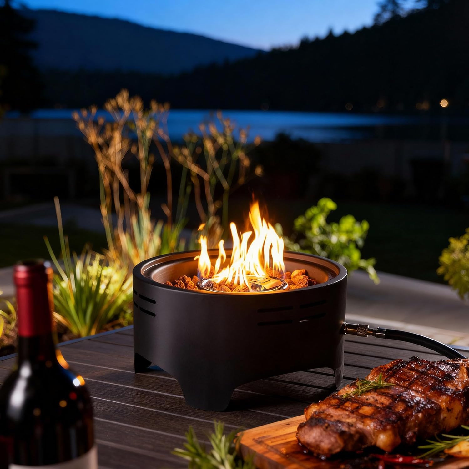 15 Inch Propane Tabletop Fire Pit, 40,000 BTU Round Portable Outdoor Fire Pit for Patio Garden Balcony, Compact Steel Fire Pits with Lava Rocks & Cover, Black Finish for Ambiance & Warmth, Only Table