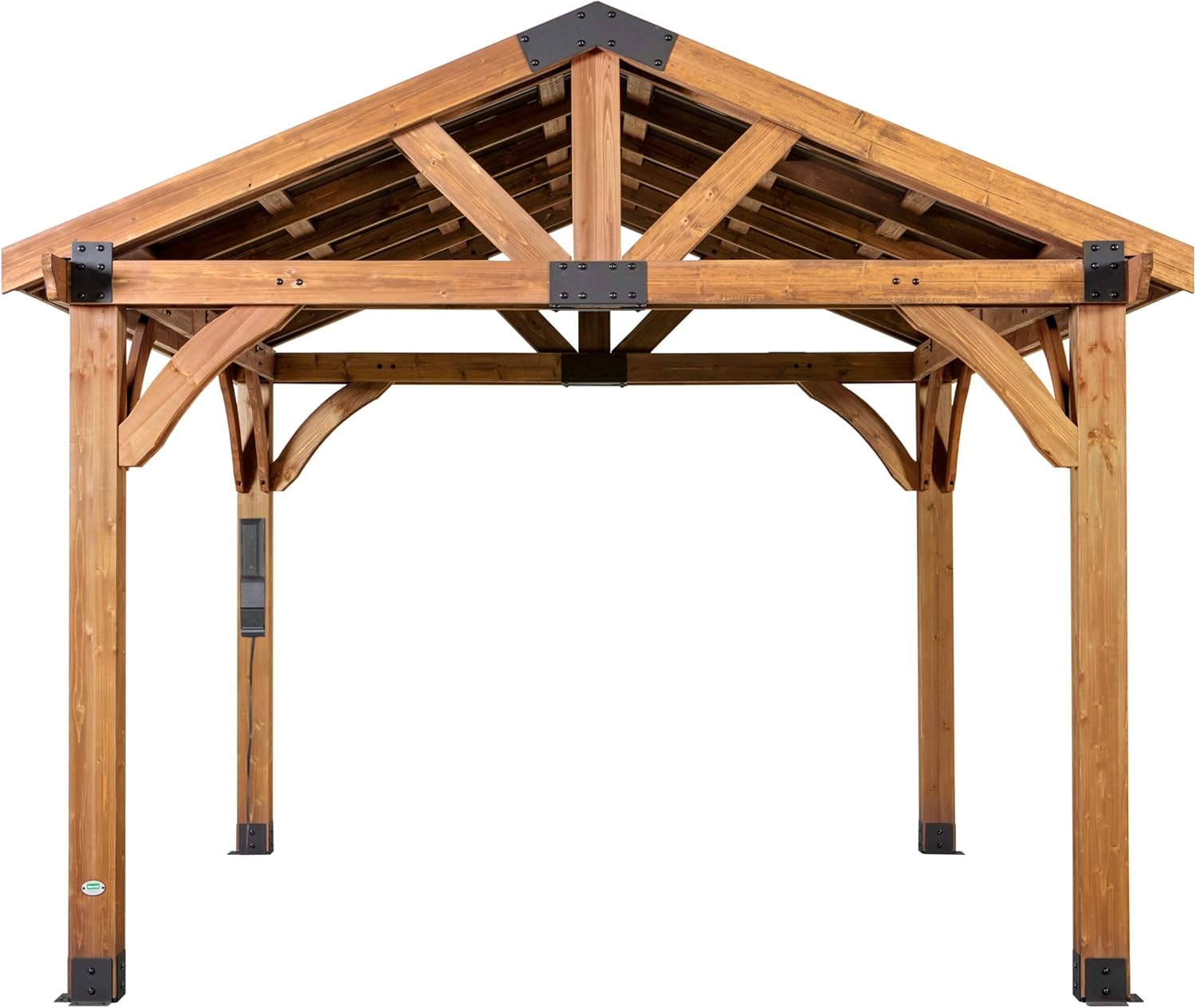 Backyard Discovery Arlington 12' x 12' Cedar Wood Outdoor Gazebo Pavilion with Hardtop Galvanized Steel Peak Roof, Snow Support, Wind Resistance, PowerPort, Shade for Garden, Patio, Deck, Entertaining