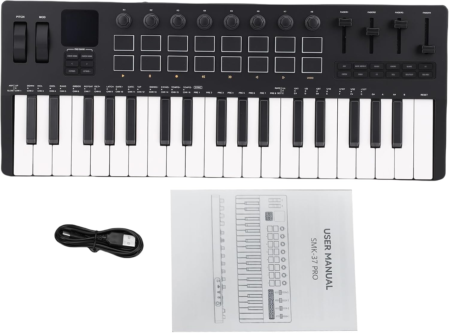 Alomejor Keyboard Piano, 37 Key USB MIDI Keyboard Controller, 16 RGB Backlit Drum Pads 8 Knobs 4 Faders Built in Sound Source Synthesizer Engine