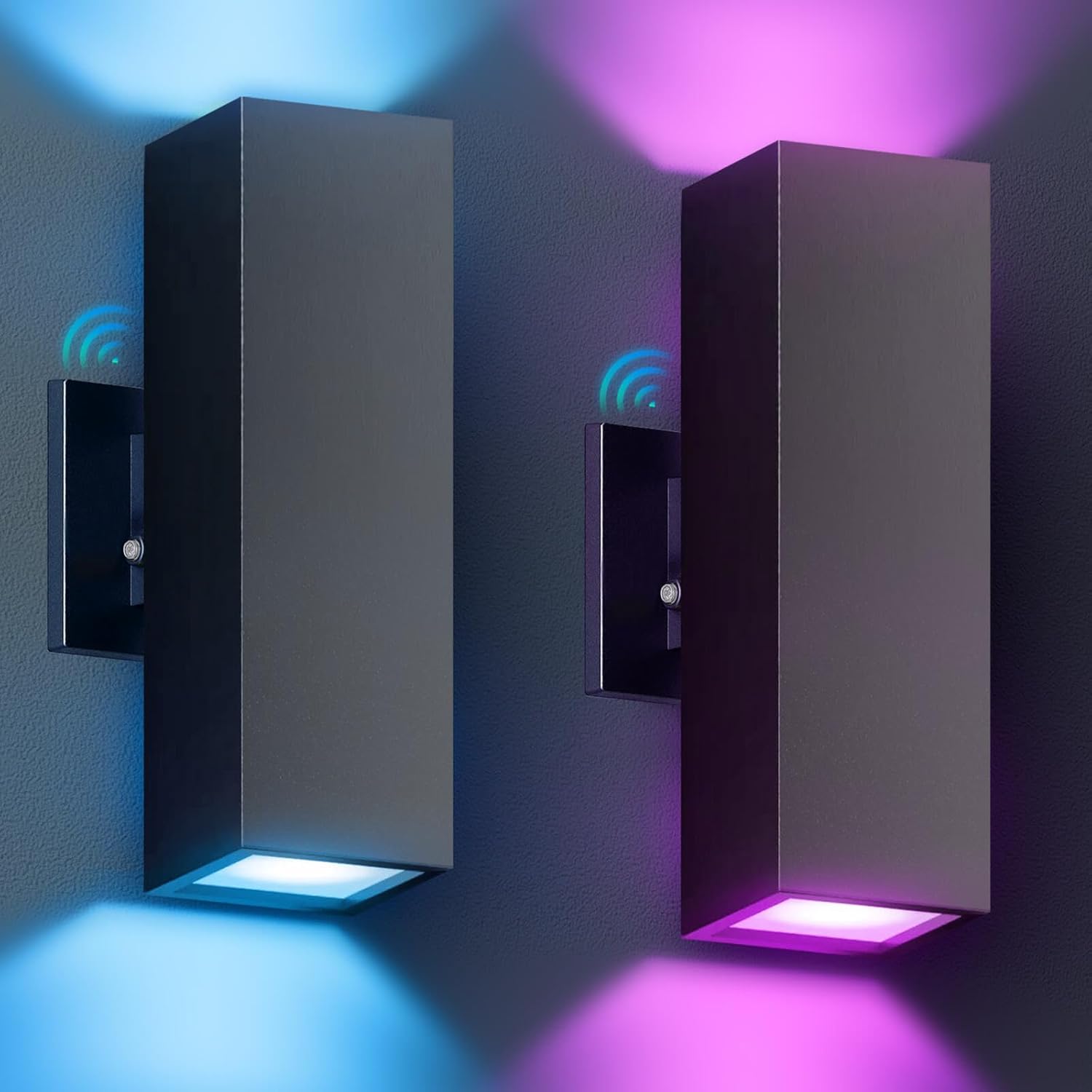 KIZON Smart Outdoor Wall Lights 2 Pack, RGB Dusk to Dawn Outdoor Lighting Waterproof Exterior Lighting Fixtures, Black Sconce Color Changing Porch Lights Up and Down Lights, ETL Listed