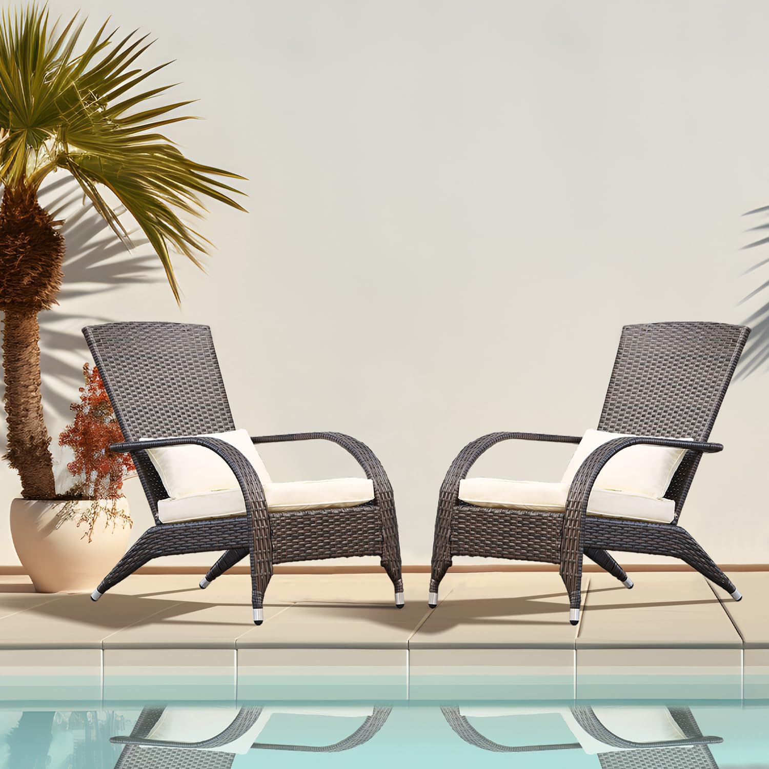 Adirondack Chairs Set 2 Outdoor Wicker Rattan Fire Pit Chairs Oversized Comfy Relax Accent Patio Chairs with Soft Cushion Low Deep Seating Tall Curved Backrest for Outside Backyard Deck Porch Cream