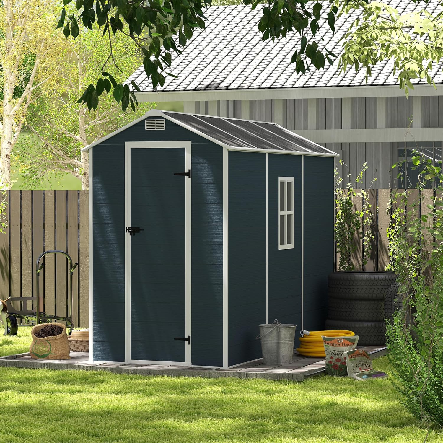 Outdoor Storage Shed Waterproof Plastic Garden Tool Bike Sheds Kit with Floor, Lean-to Backyard Storage Building Cabinet for House, Patio, Yard, Lawn,Dark Gray 4 * 8ft