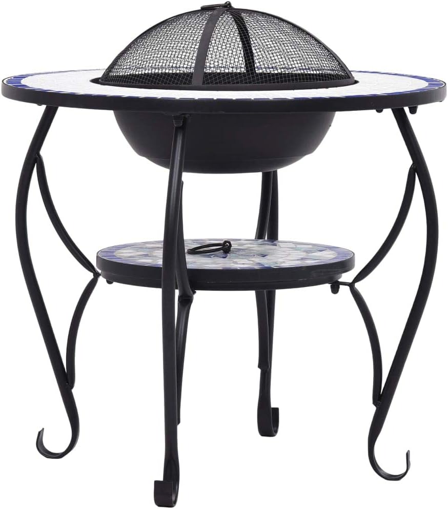 Mosaic Fire Pit Table, Outdoor Fire Pit & Ice Bucket & Side Table, Round Tile Tabletop for Patio, Backyard, Patio, Garden, Blue and White 26.8
