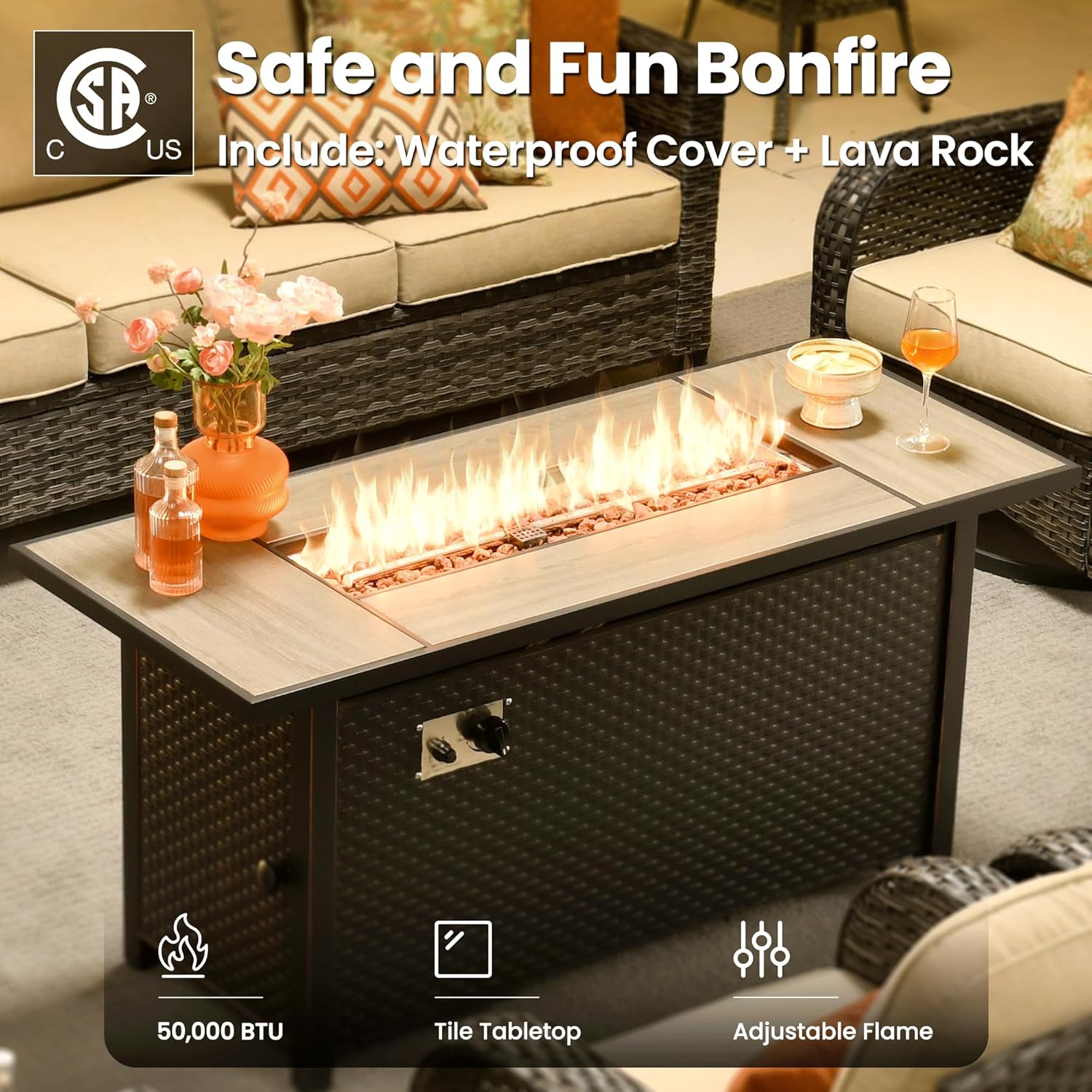 ovios 10 Pieces Patio Furniture Set, Outdoor Wicker Sofa Couch with Rocking Swivel Chairs Solar Lights Table Fire Pit, Modern Deep Seat Rattan Conversation Sets, Beige