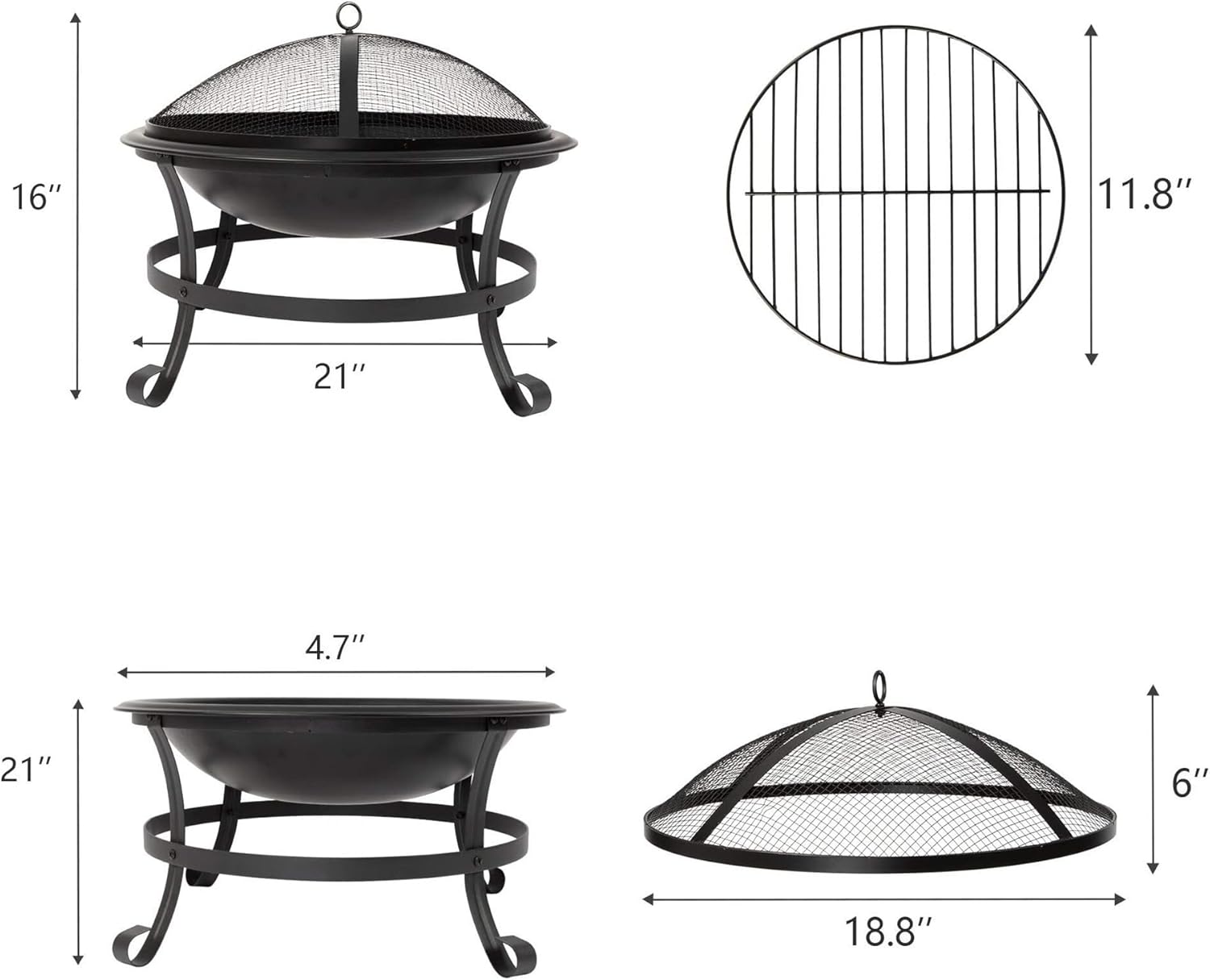 22 Inch Portable Folding Steel Fire Pit Bowl with Spark Screen Cover Log Grate and Poker for Wood Burning Outdoor Use in Backyard Camping Picnic Garden