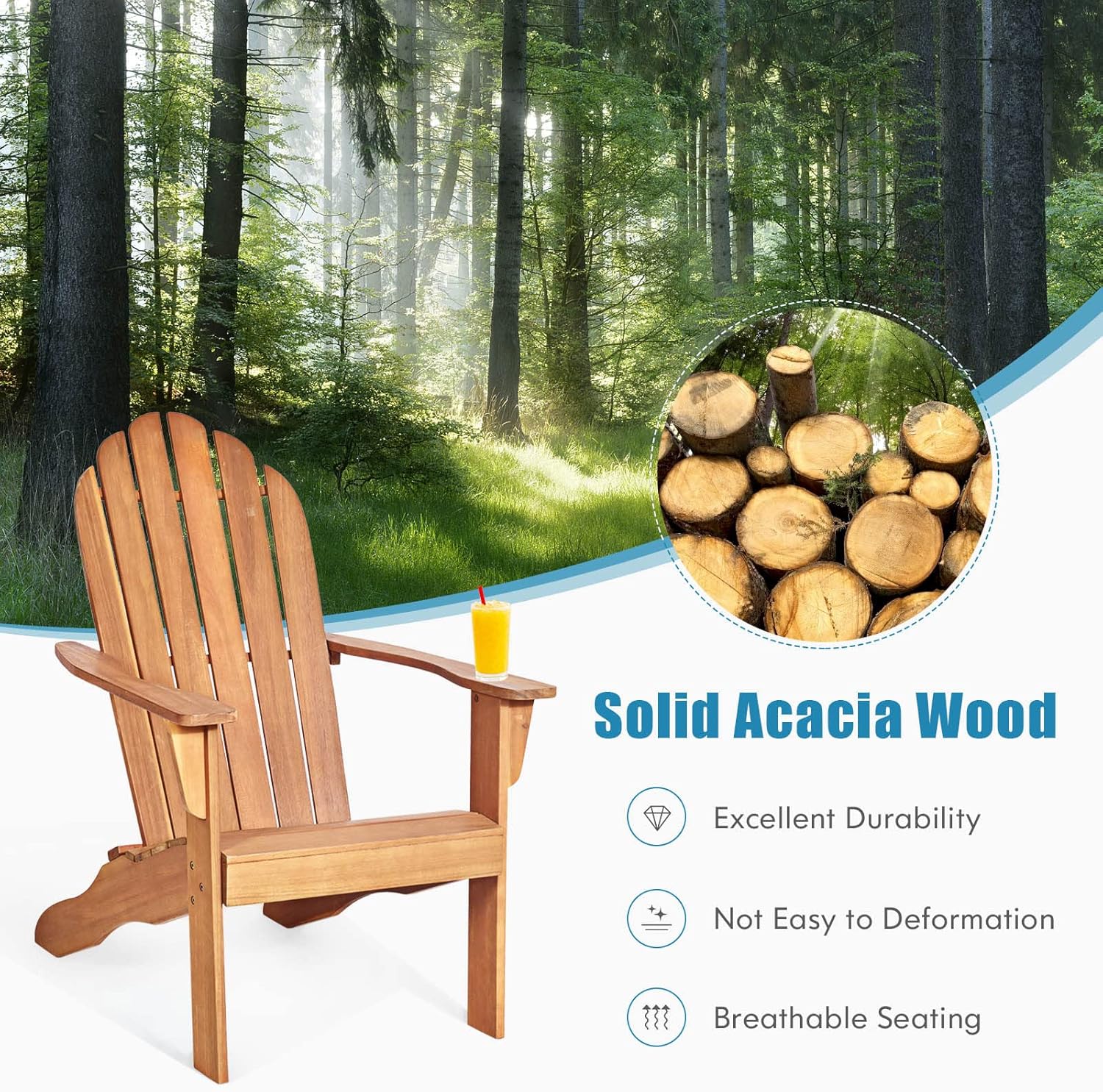 RELAX4LIFE Adirondack Chairs Set of 4, Acacia Wood Adirondack Lounge Chair, Weather Resistant Outdoor Chair for Patio Garden Porch Deck, 350 LBS Weight Capacity, Wooden Fire Pit Chairs (4, Natural)