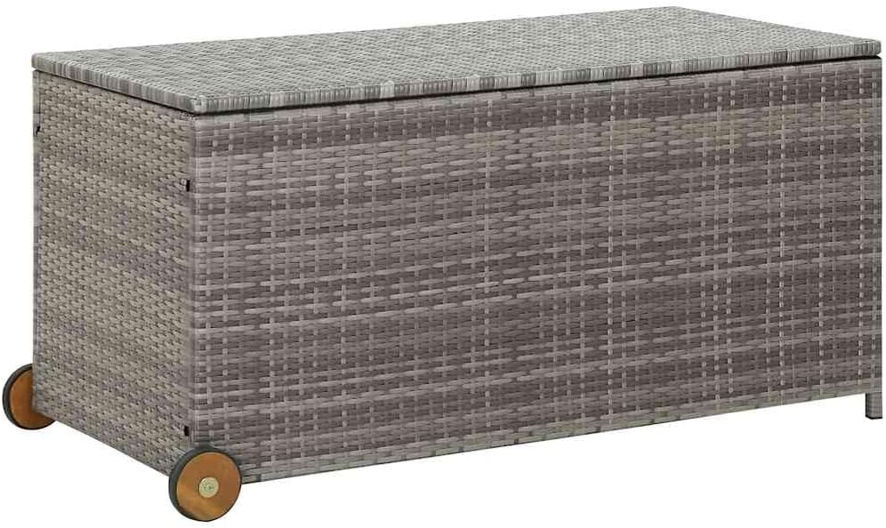 Outdoor Storage Box with Wheels, Large 47.2 Inch Patio Deck Box, Waterproof Garden Storage Container for Cushions Pillows Toys, Light Gray Poly Rattan Furniture Organizer for Indoor Outdoor Use