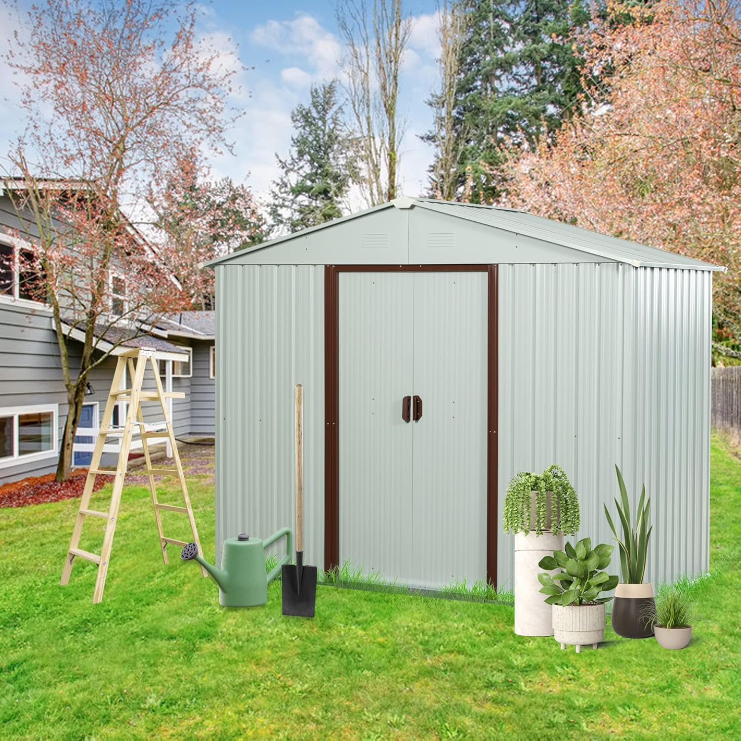 8ft x 4ft Outdoor Metal Storage Shed with Foundation - Waterproof Garden Tool Bike Sheds Kit, Lean-to Backyard Storage Building Cabinet for House,White
