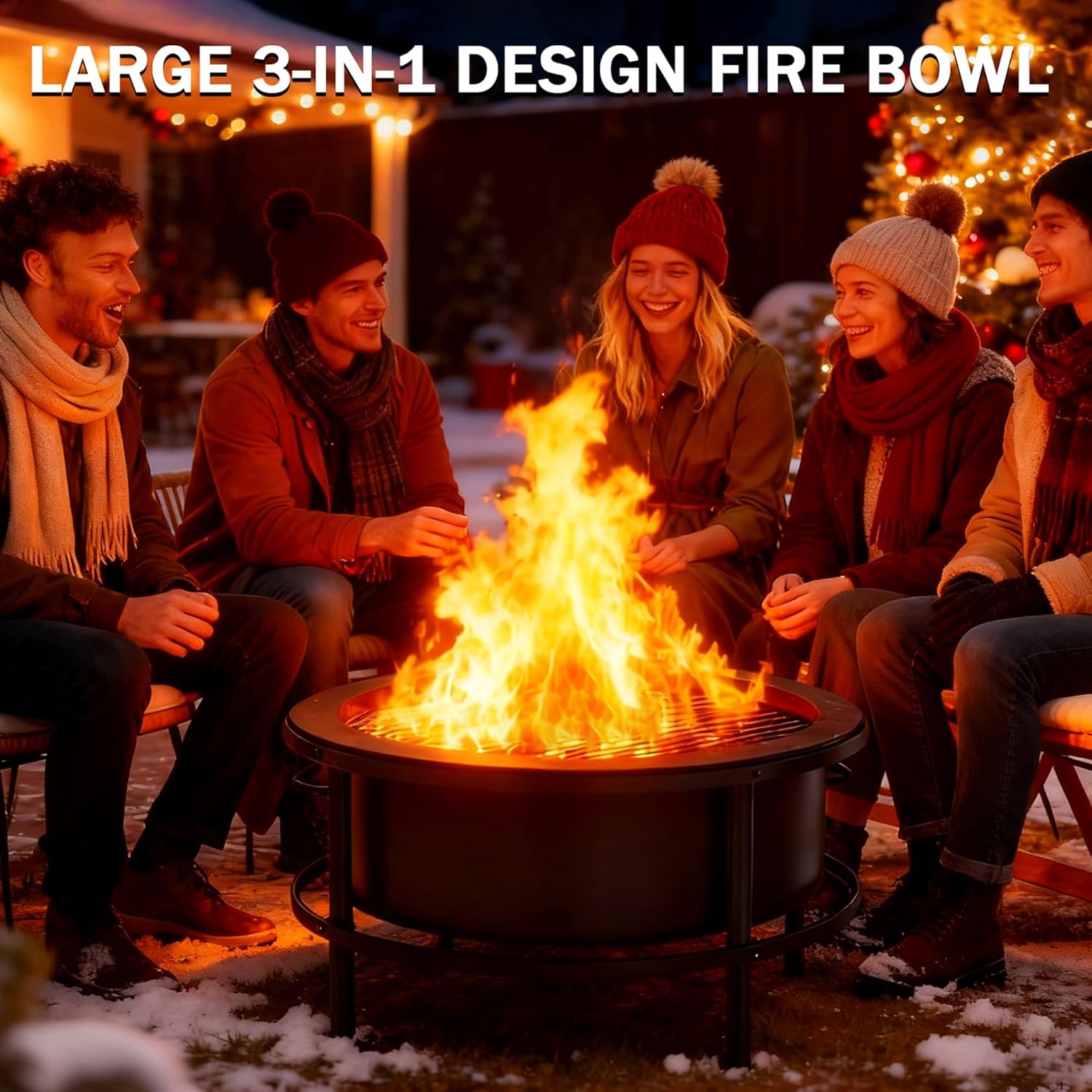 Fire Pits for Outside Wood Burning, Large Outdoor Fire Pit Stove with Roating Table and BBQ Grill, Cold Finished Steel Round Firepit Bowl with Poker, Waterproof Cover, Grill Brush