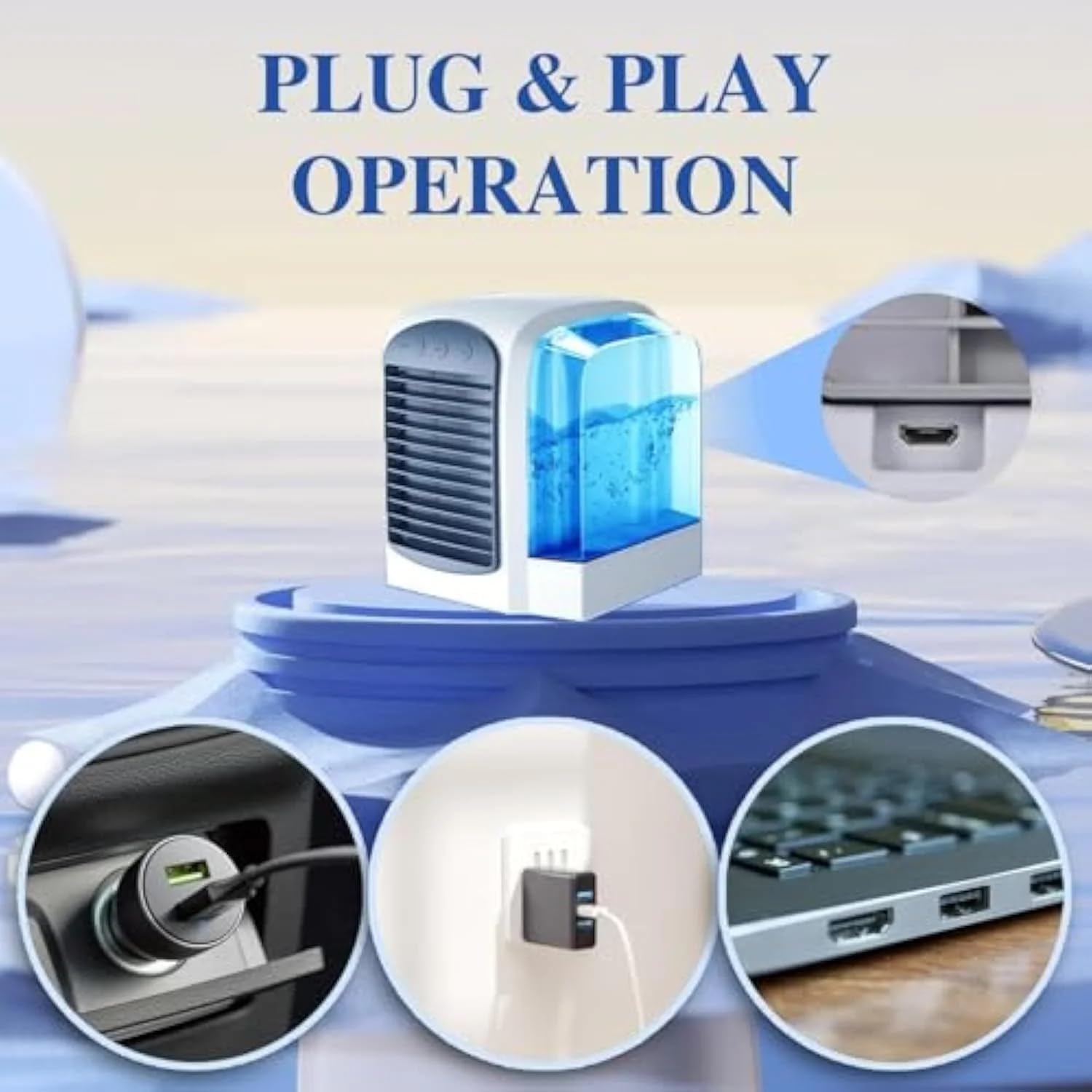 2025 Upgraded Portable Air Conditioner - 4-in-1 AC with Ice Mist Technology, 3 Speeds, 380ml Tank, Ultra-Quiet for Home, Office, Bedroom, Travel (Blue)