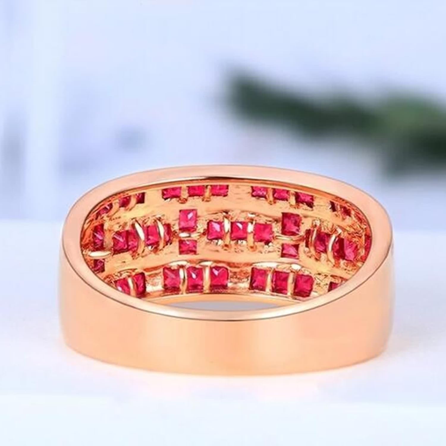 18K Rose Gold Rings, Women's Wedding Bands Lab Created Ruby Drill Row Rose Gold Ring with Moissanite for Bride