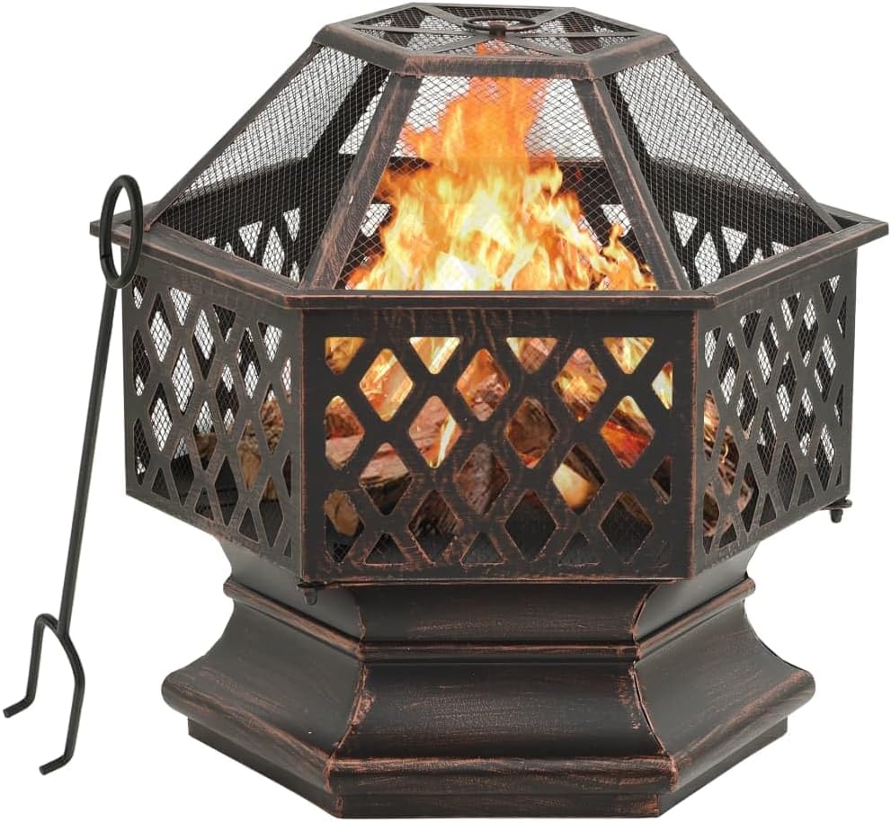 vidaXL XXL ic Fire Pit with Poker, Steel Construction, Mesh Safety Cover Included for Outdoor Patio - Black, 24.4