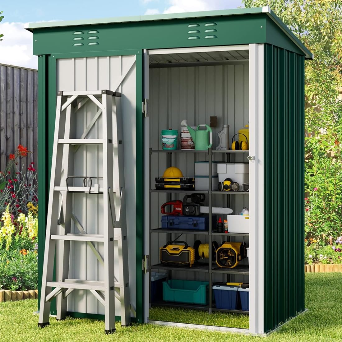 Gizoon 5' x 3'Outdoor Storage Shed with Singe Lockable Door,Galvanized Metal Shed with Air Vent Suitable for The Garden,Tiny House Storage Sheds Outdoor for Backyard Patio Lawn-Green