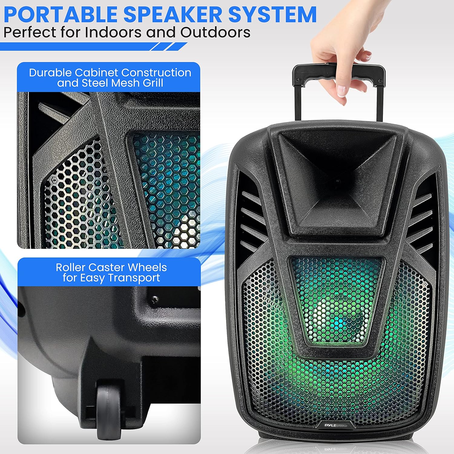 Pyle 15” Portable Bluetooth PA Speaker System - 800W Wireless Rechargeable Loudspeaker with LED Party Lights, Rolling Wheels, Built-in Amp, & Remote Control - Indoor/Outdoor Karaoke Machine (Black)
